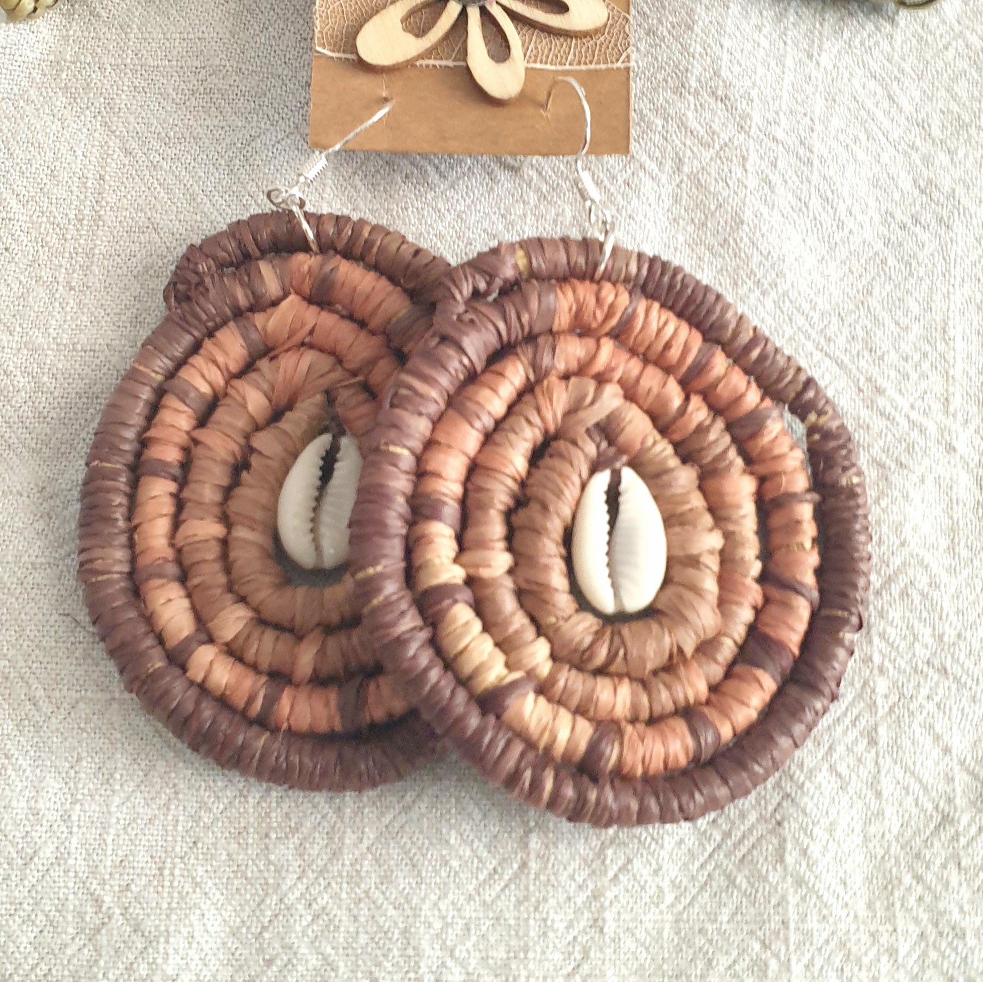 Handmade raffia/cowrie shell, coil woven earrings