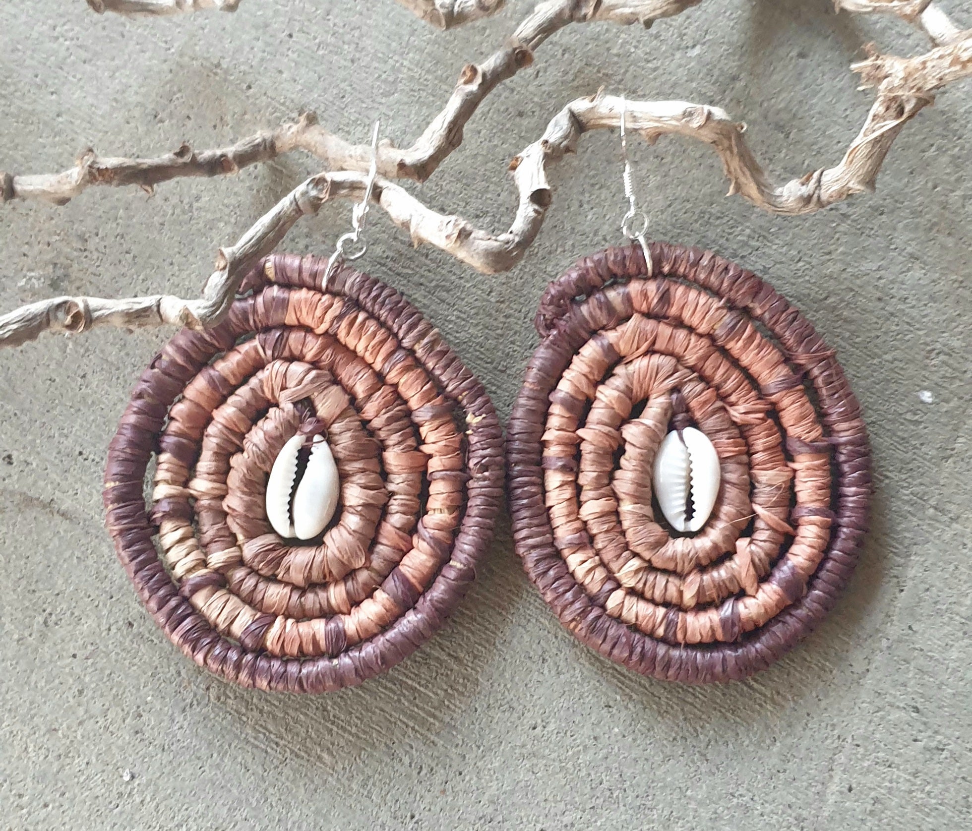Handmade raffia/cowrie shell, coil woven earrings