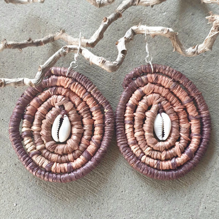 Handmade raffia/cowrie shell, coil woven earrings