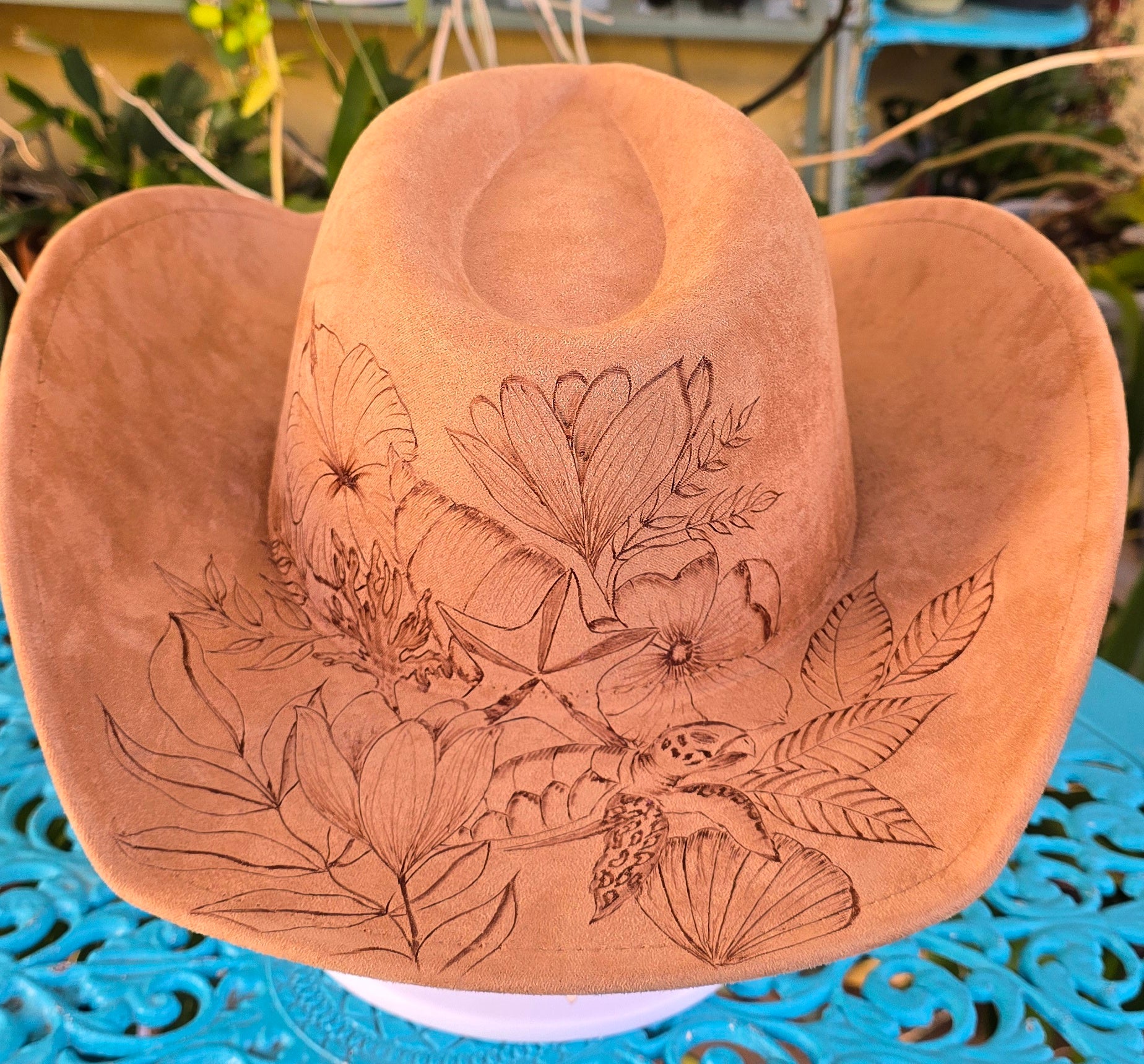 Hand burnt cowboy hat - ocean & flower theme