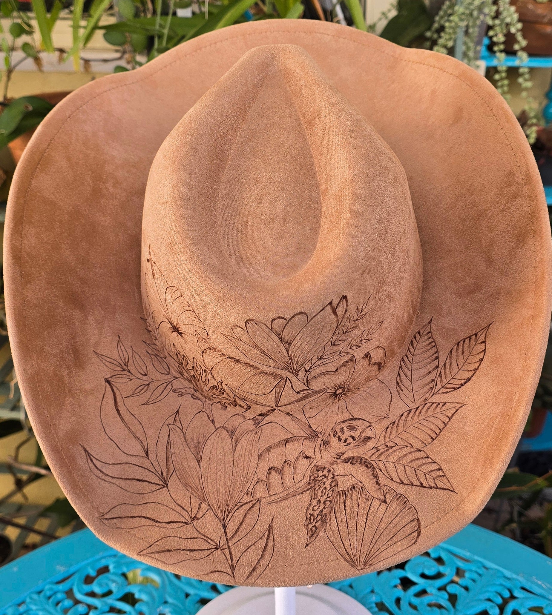 Hand burnt cowboy hat - ocean & flower theme
