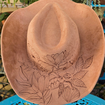 Hand burnt cowboy hat - ocean & flower theme