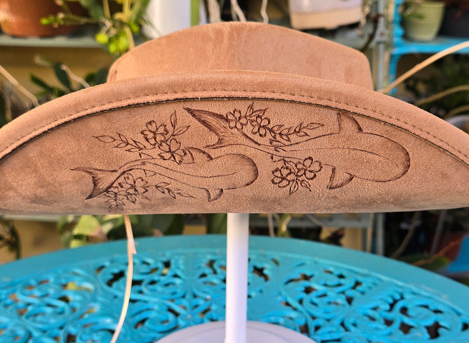 Hand burnt cowboy hat - ocean & flower theme