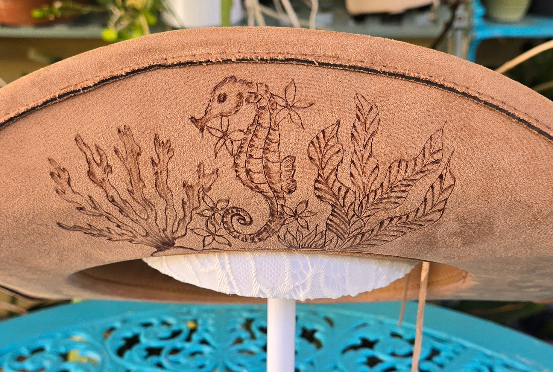 Hand burnt cowboy hat - ocean & flower theme