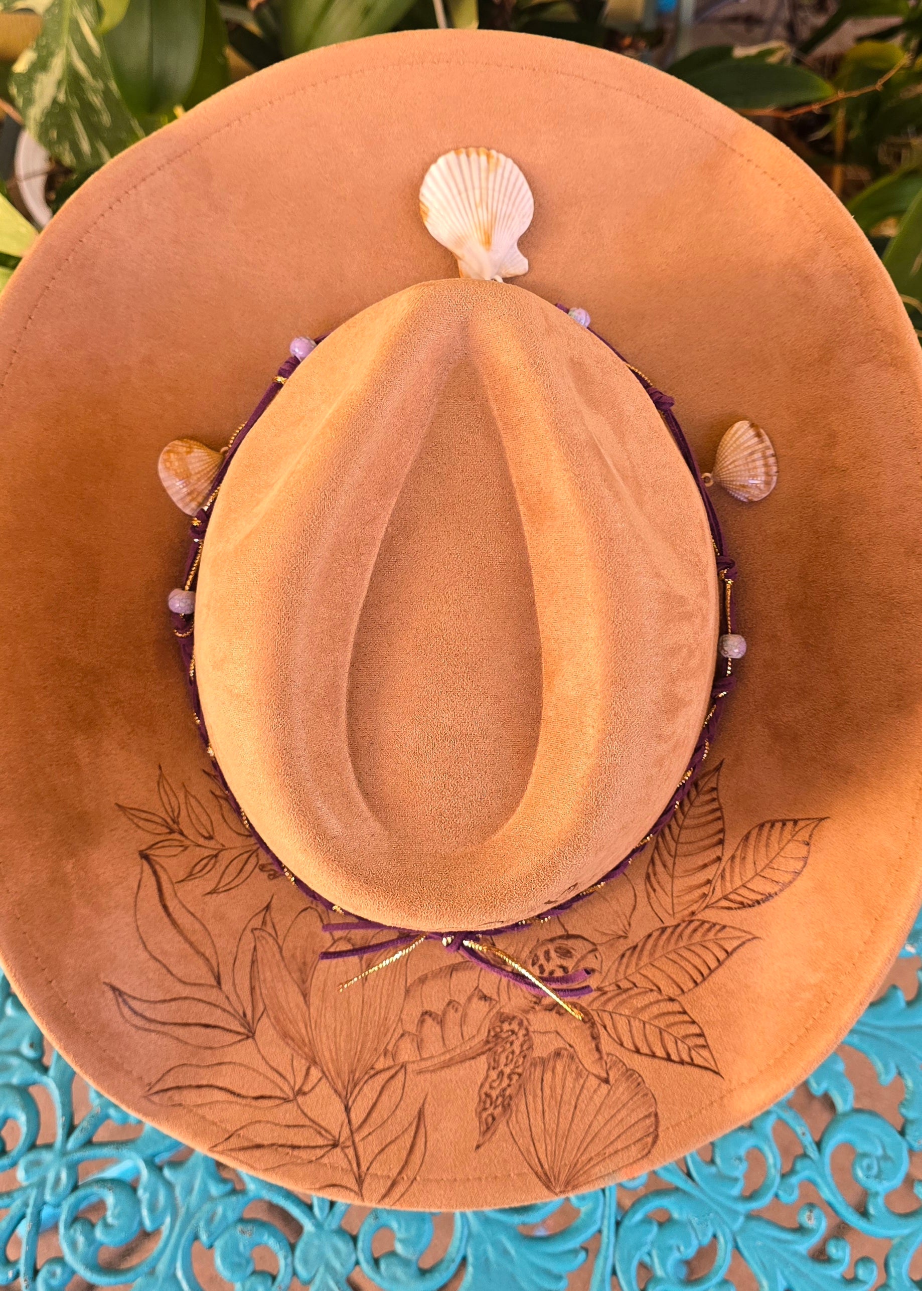 Hand burnt cowboy hat - ocean & flower theme