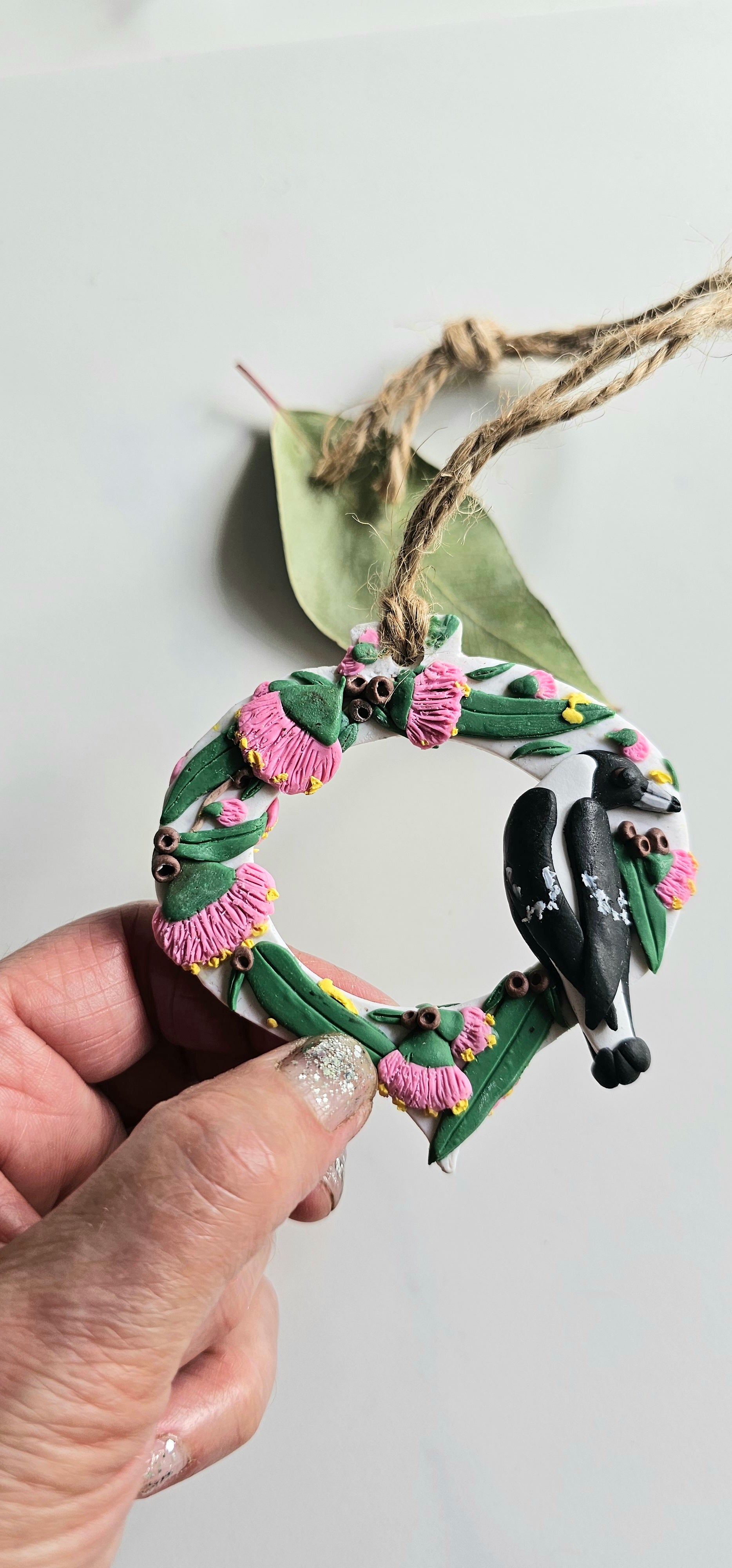 Hand Made Australiana Christmas Magpie, Austtralian Flora Ornament Magpie, Heirloom.