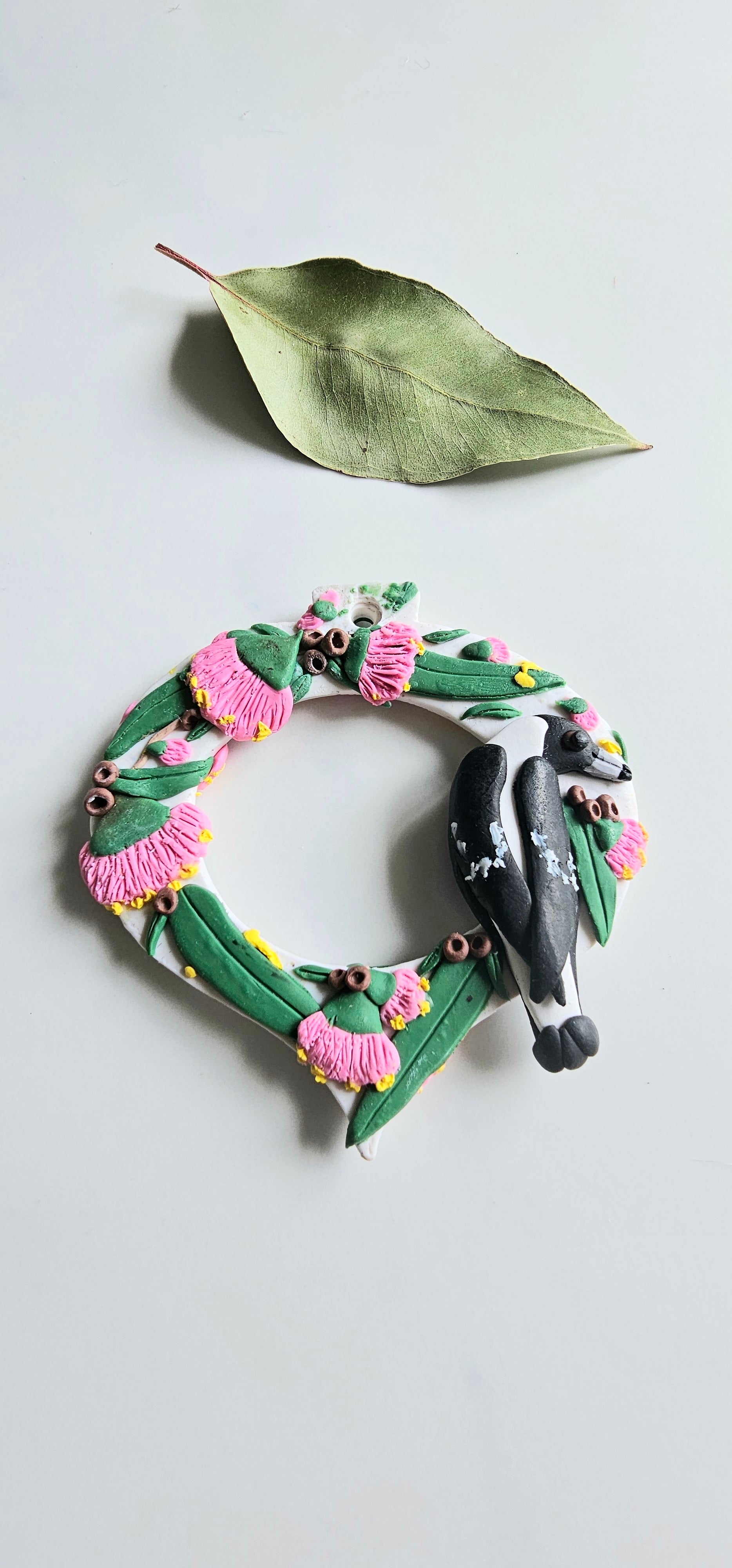 Hand Made Australiana Christmas Magpie, Austtralian Flora Ornament Magpie, Heirloom.