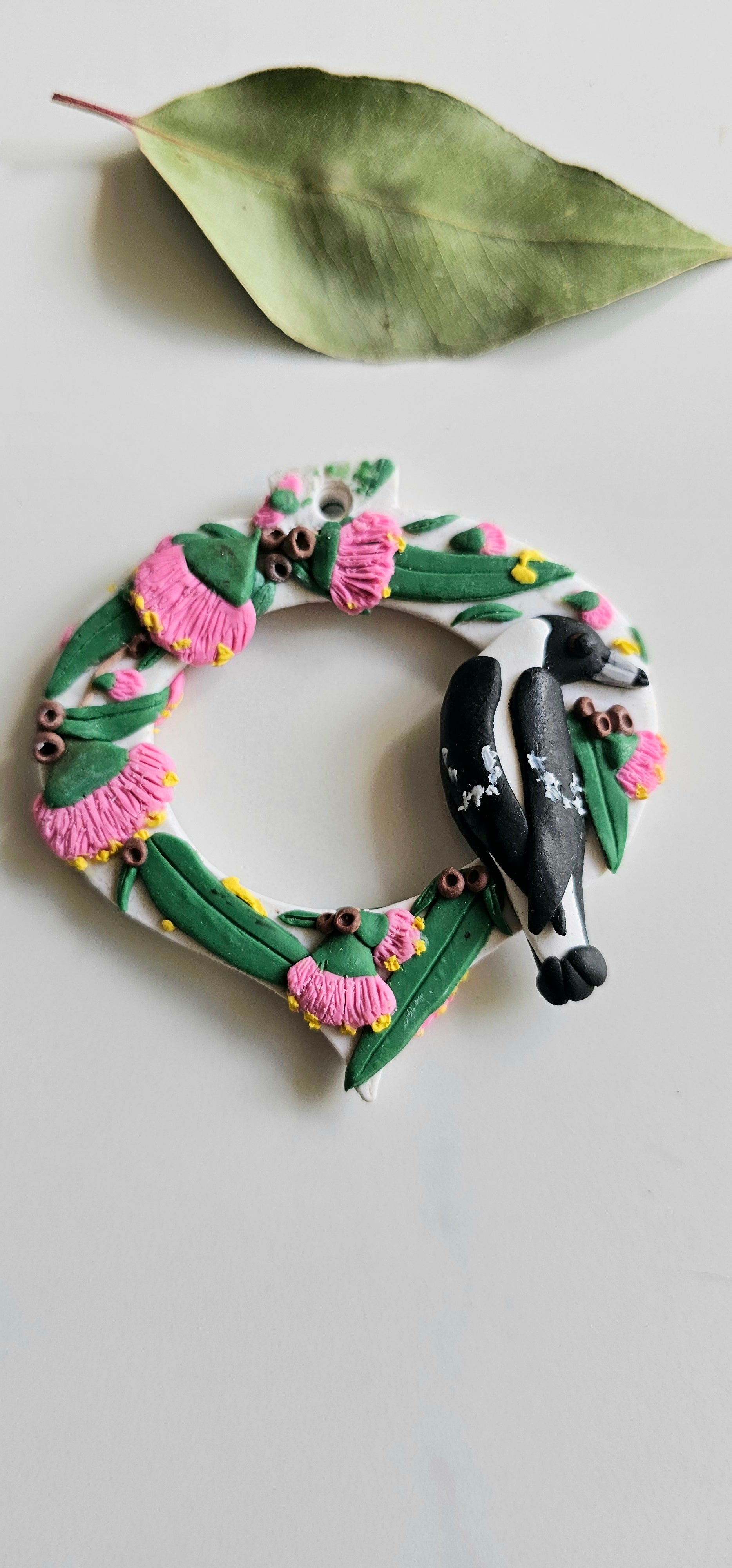 Hand Made Australiana Christmas Magpie, Austtralian Flora Ornament Magpie, Heirloom.
