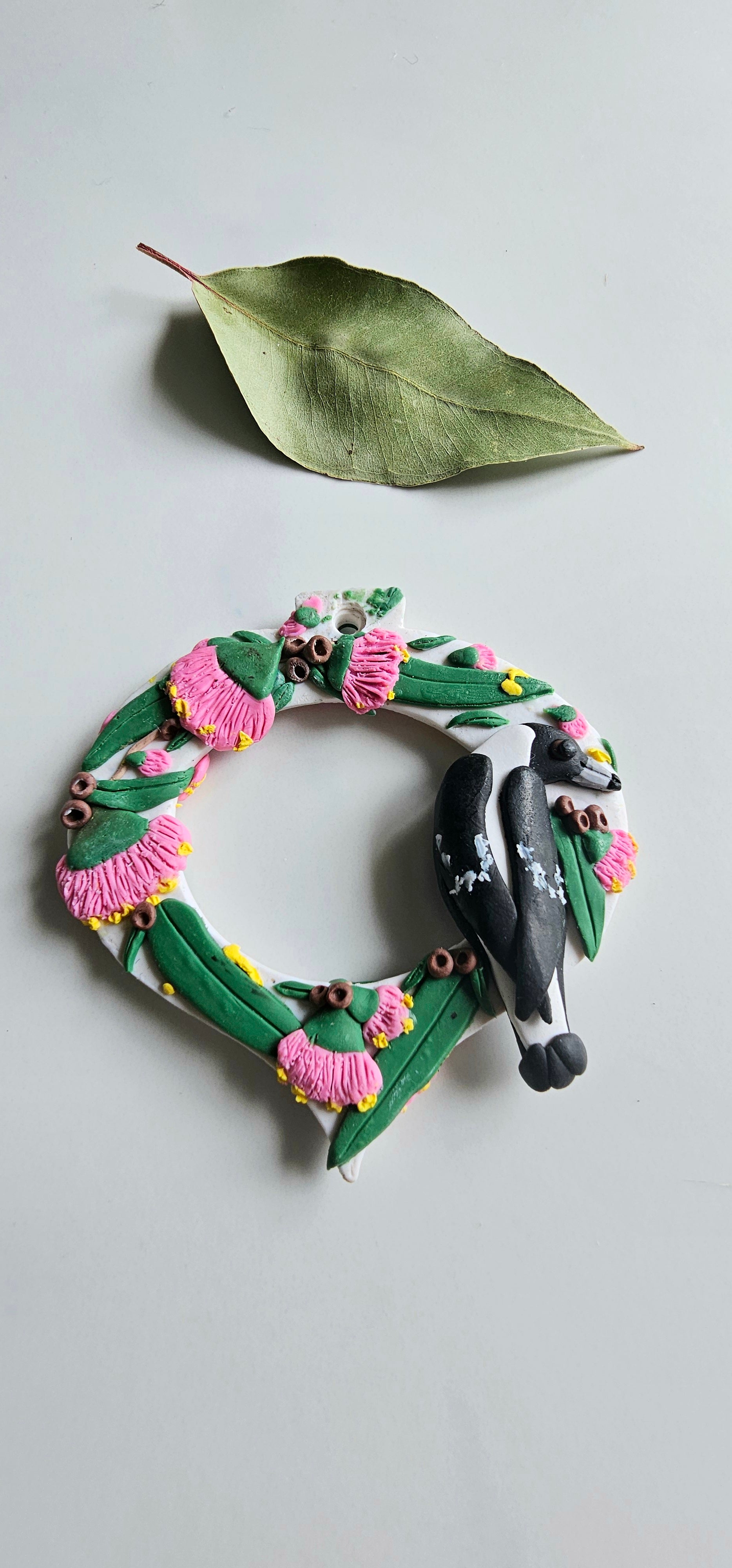 Hand Made Australiana Christmas Magpie, Austtralian Flora Ornament Magpie, Heirloom.