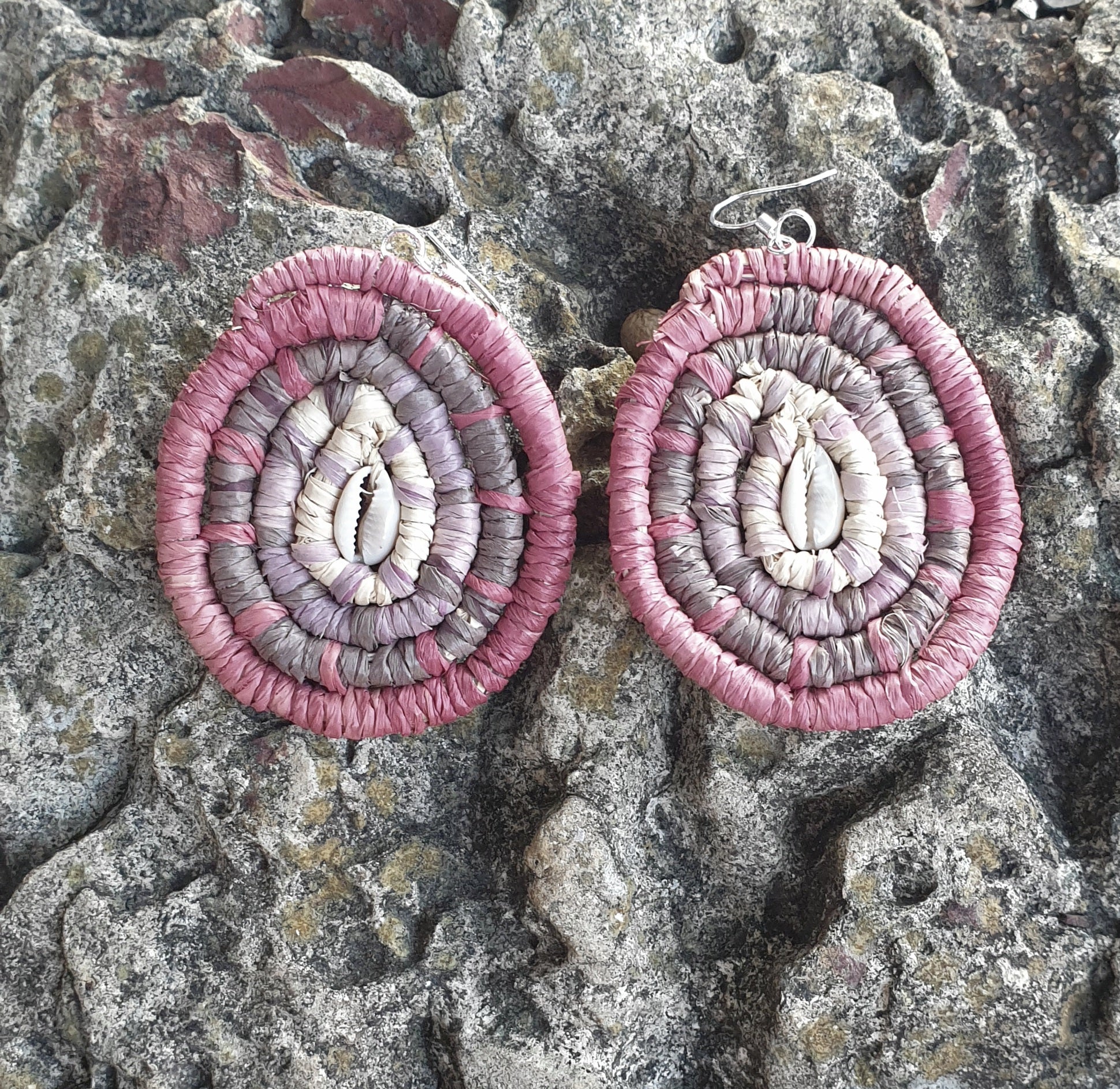 Handmade raffia, cowrie shell earrings