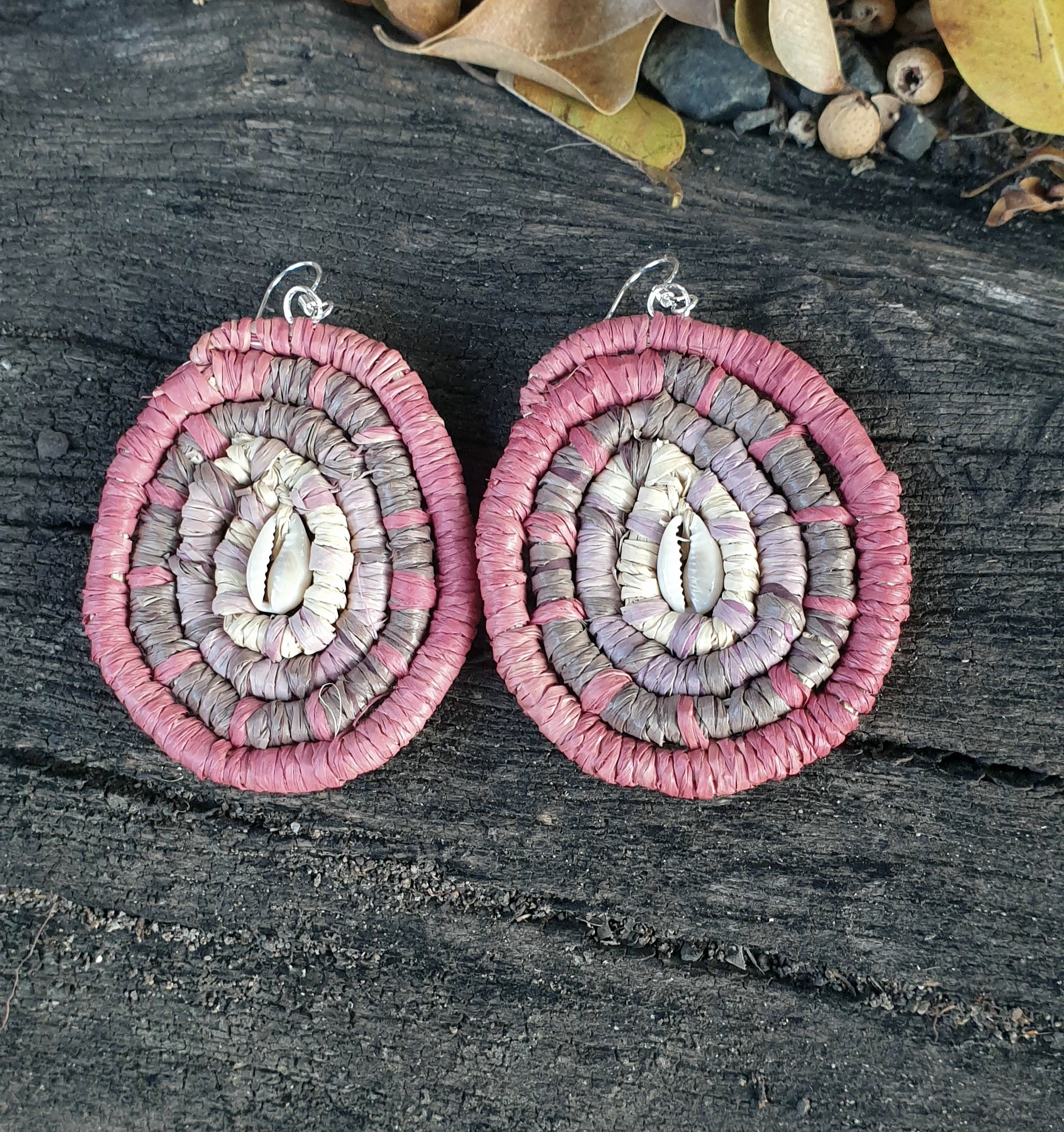 Handmade raffia, cowrie shell earrings