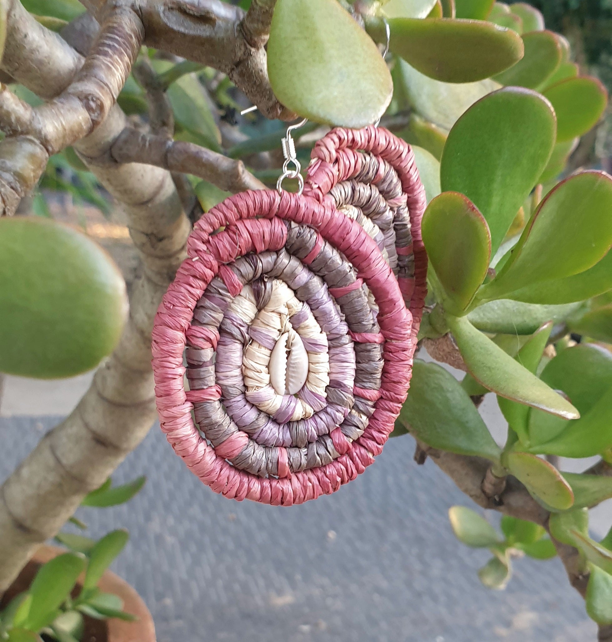 Handmade raffia, cowrie shell earrings