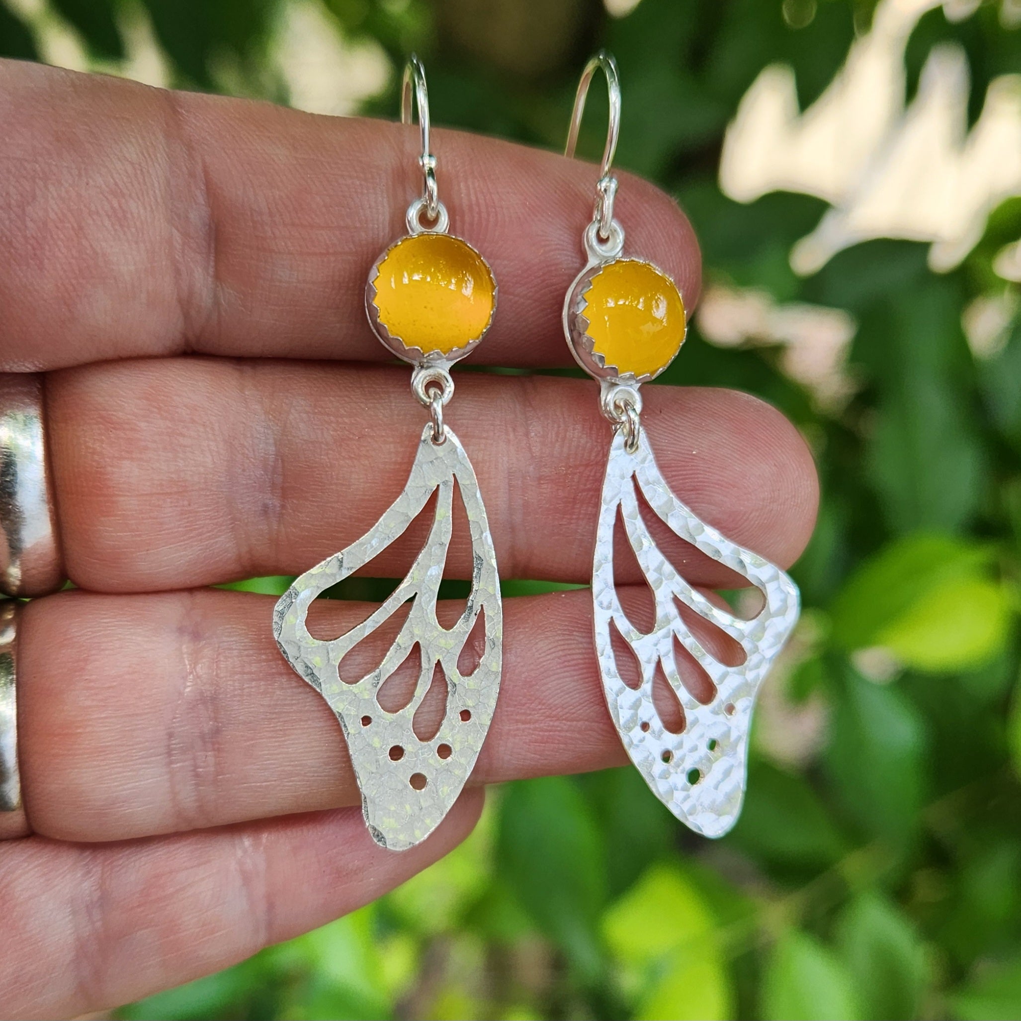 Silver butterfly wings earrings with yellow chalcedony