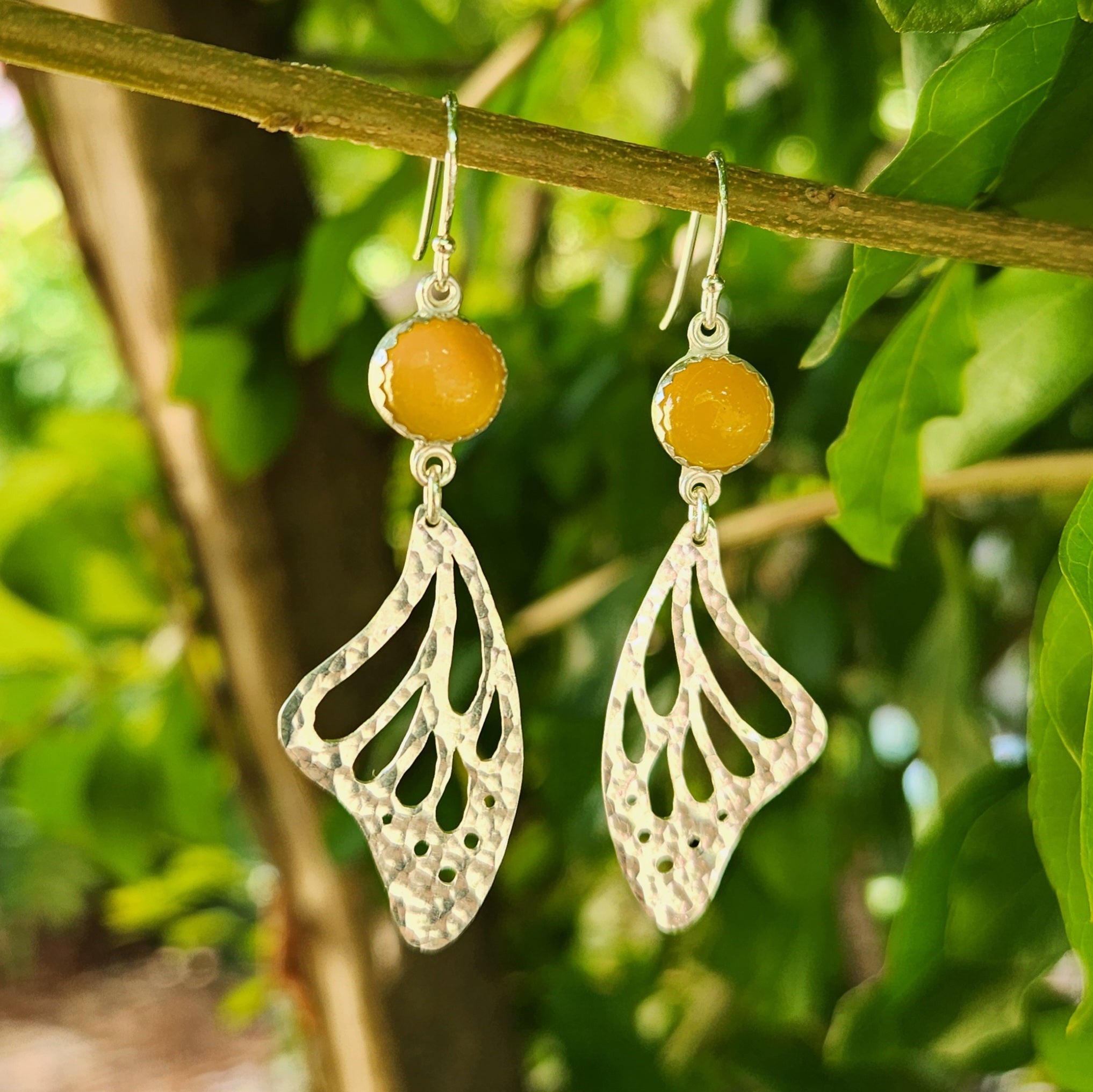 Silver butterfly wings earrings with yellow chalcedony