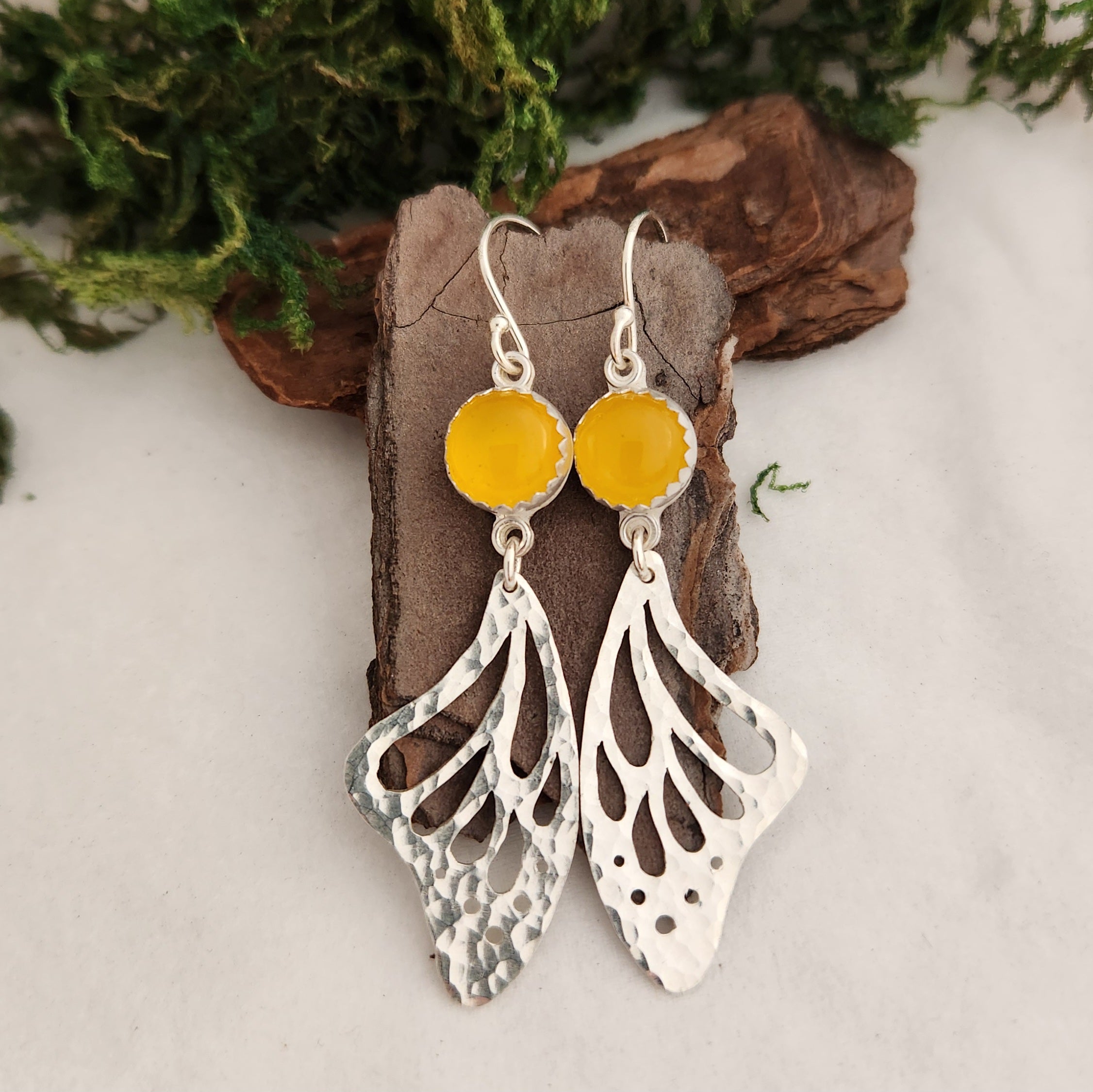 Silver butterfly wings earrings with yellow chalcedony