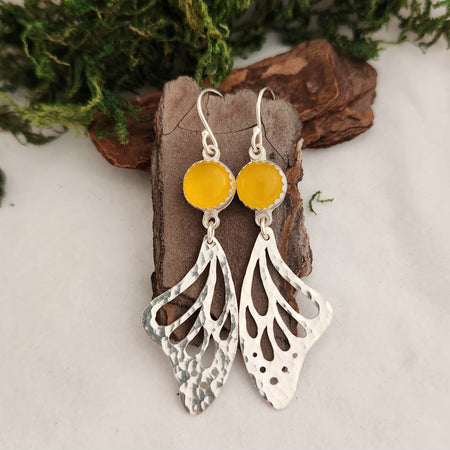 Silver butterfly wings earrings with yellow chalcedony