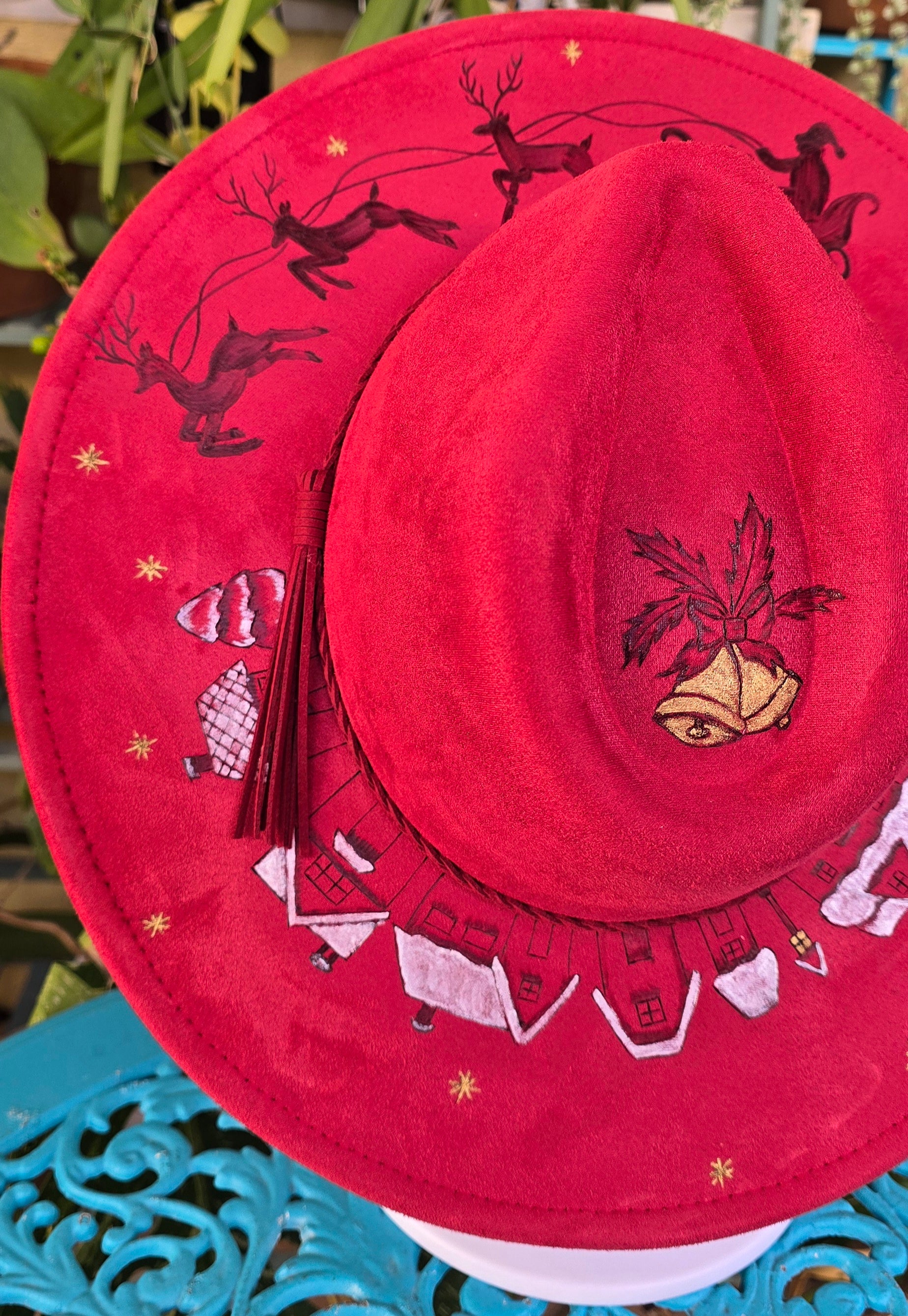 Hand burnt fedora hat - Santa & snowy village