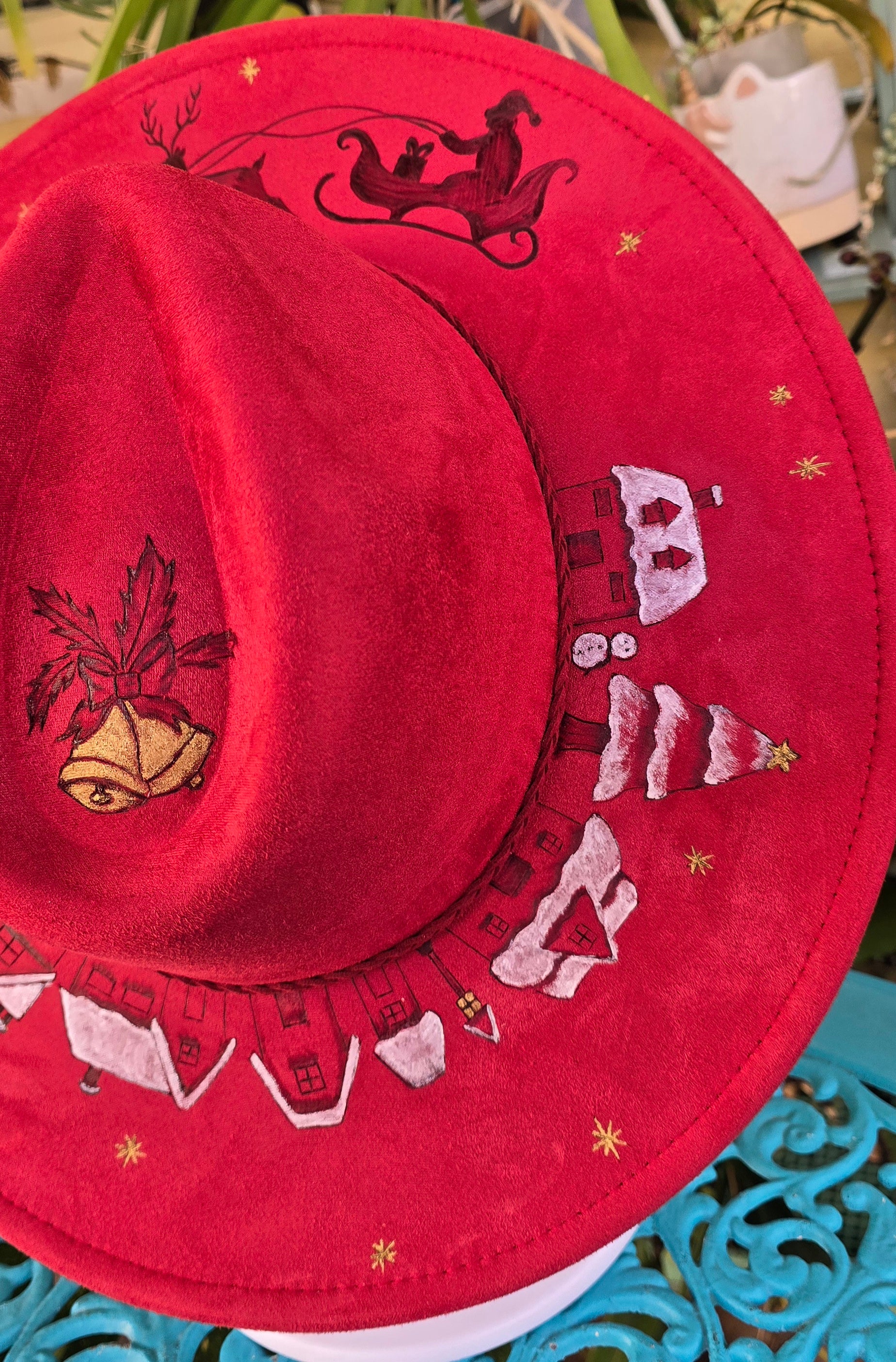 Hand burnt fedora hat - Santa & snowy village