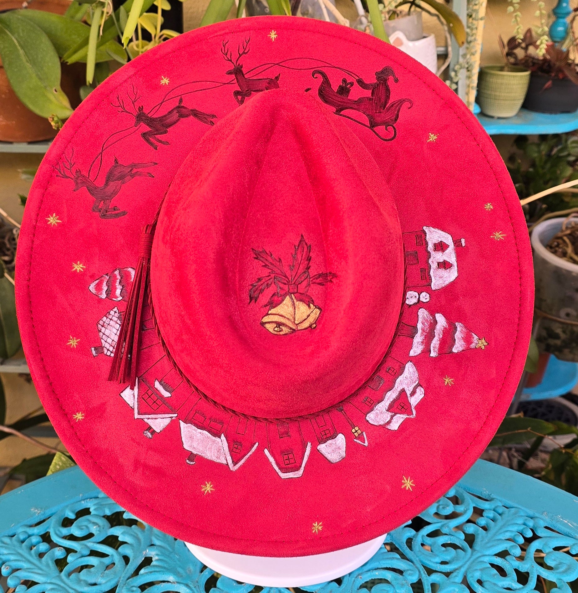 Hand burnt fedora hat - Santa & snowy village