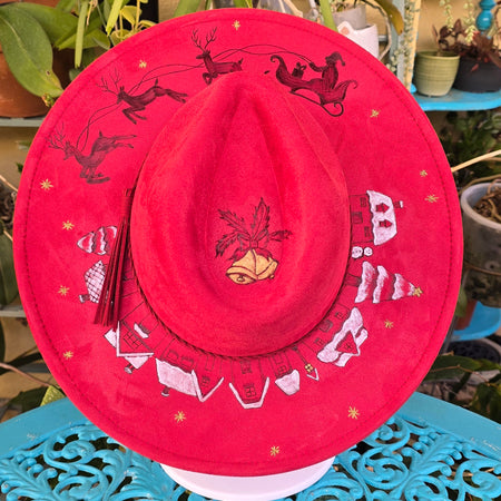 Hand burnt fedora hat - Santa & snowy village