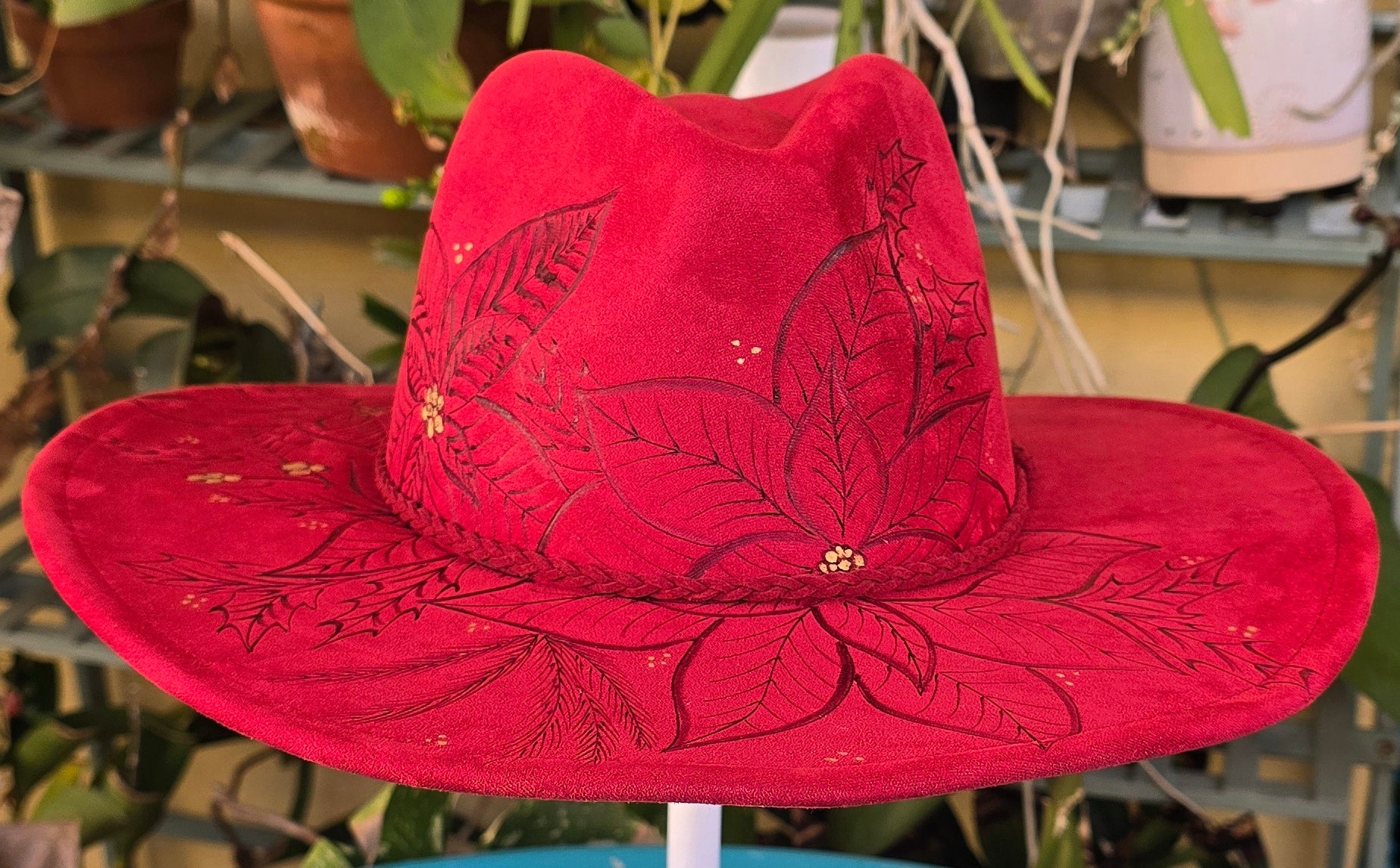 Hand burnt fedora hat - Poinsettia