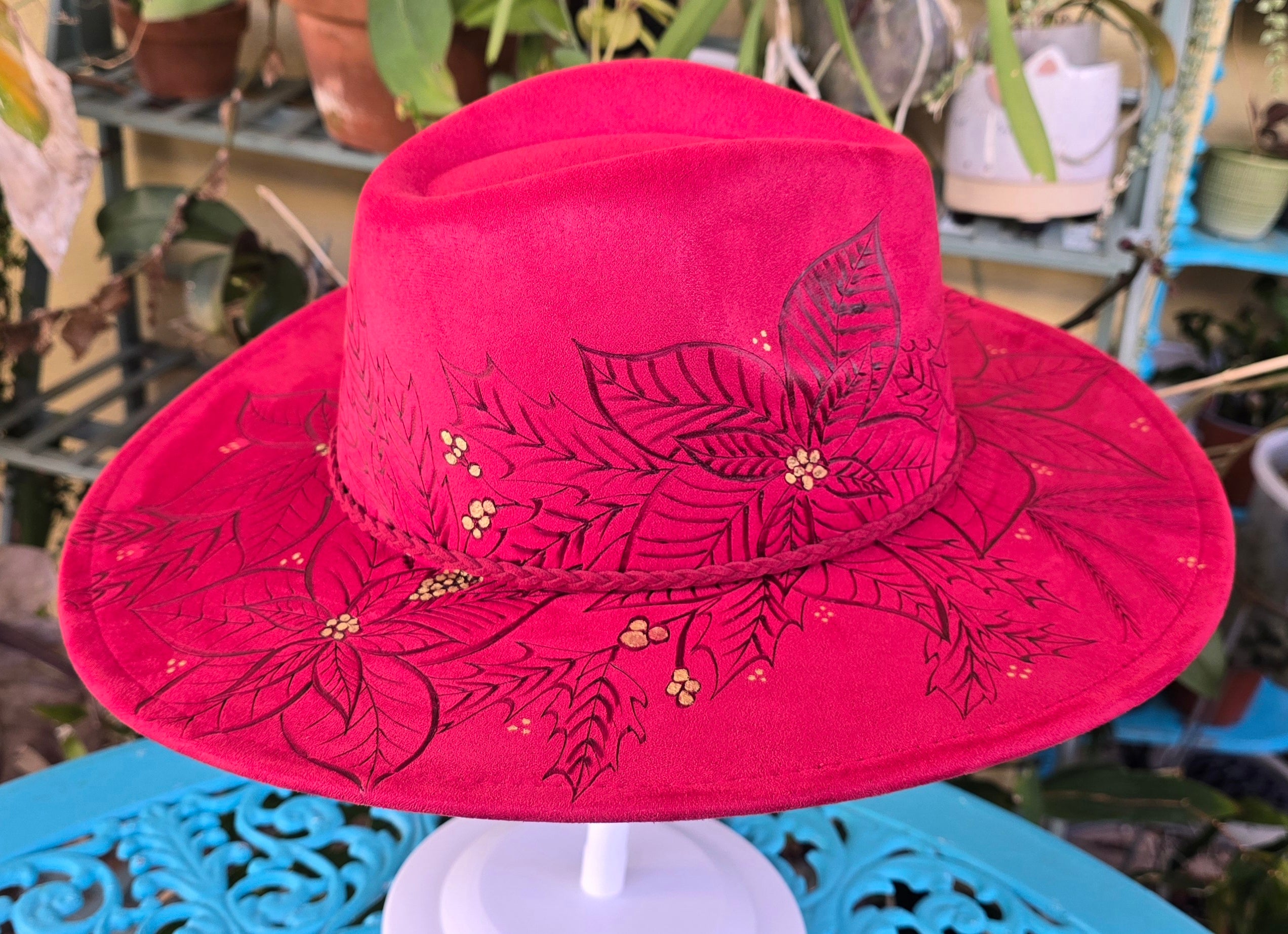 Hand burnt fedora hat - Poinsettia