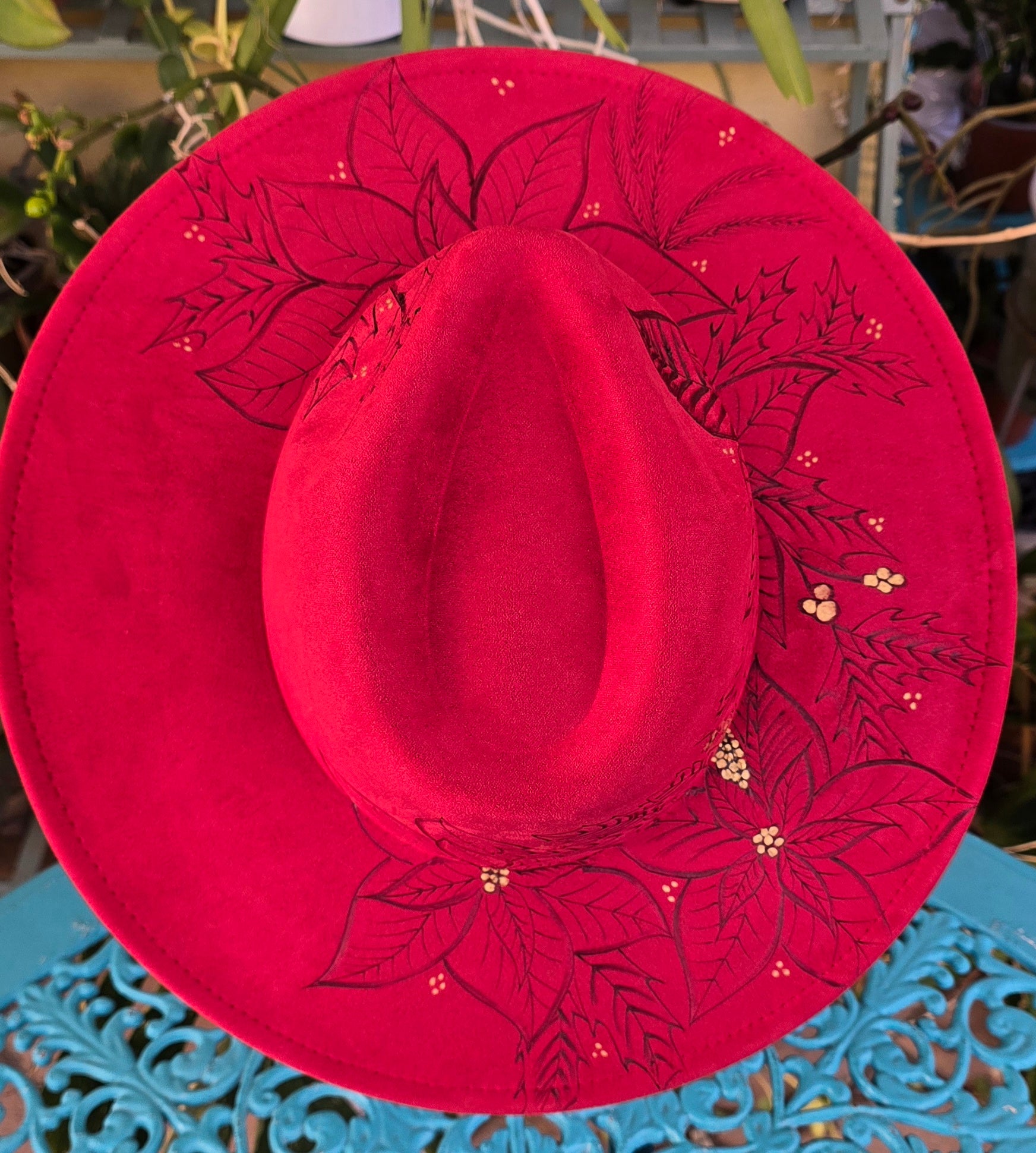 Hand burnt fedora hat - Poinsettia