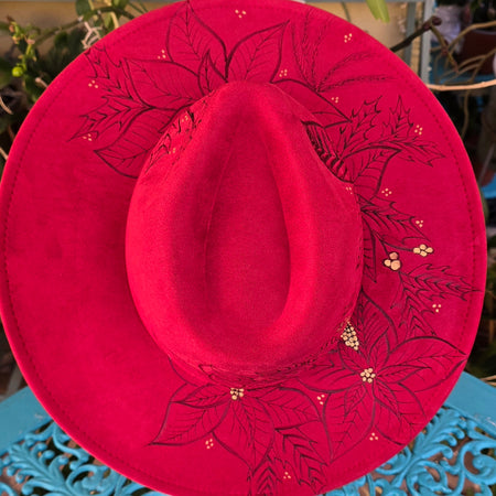 Hand burnt fedora hat - Poinsettia