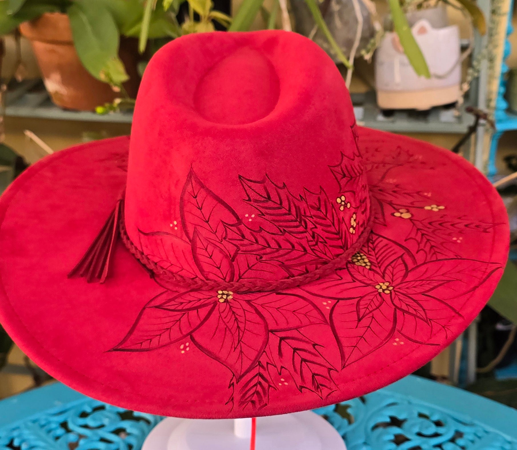 Hand burnt fedora hat - Poinsettia