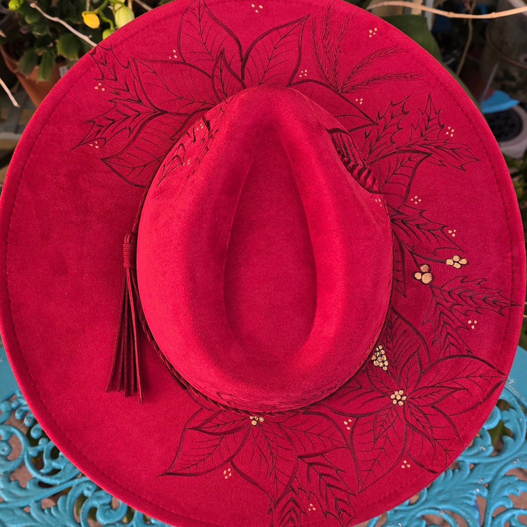 Hand burnt fedora hat - Christmas Poinsettia