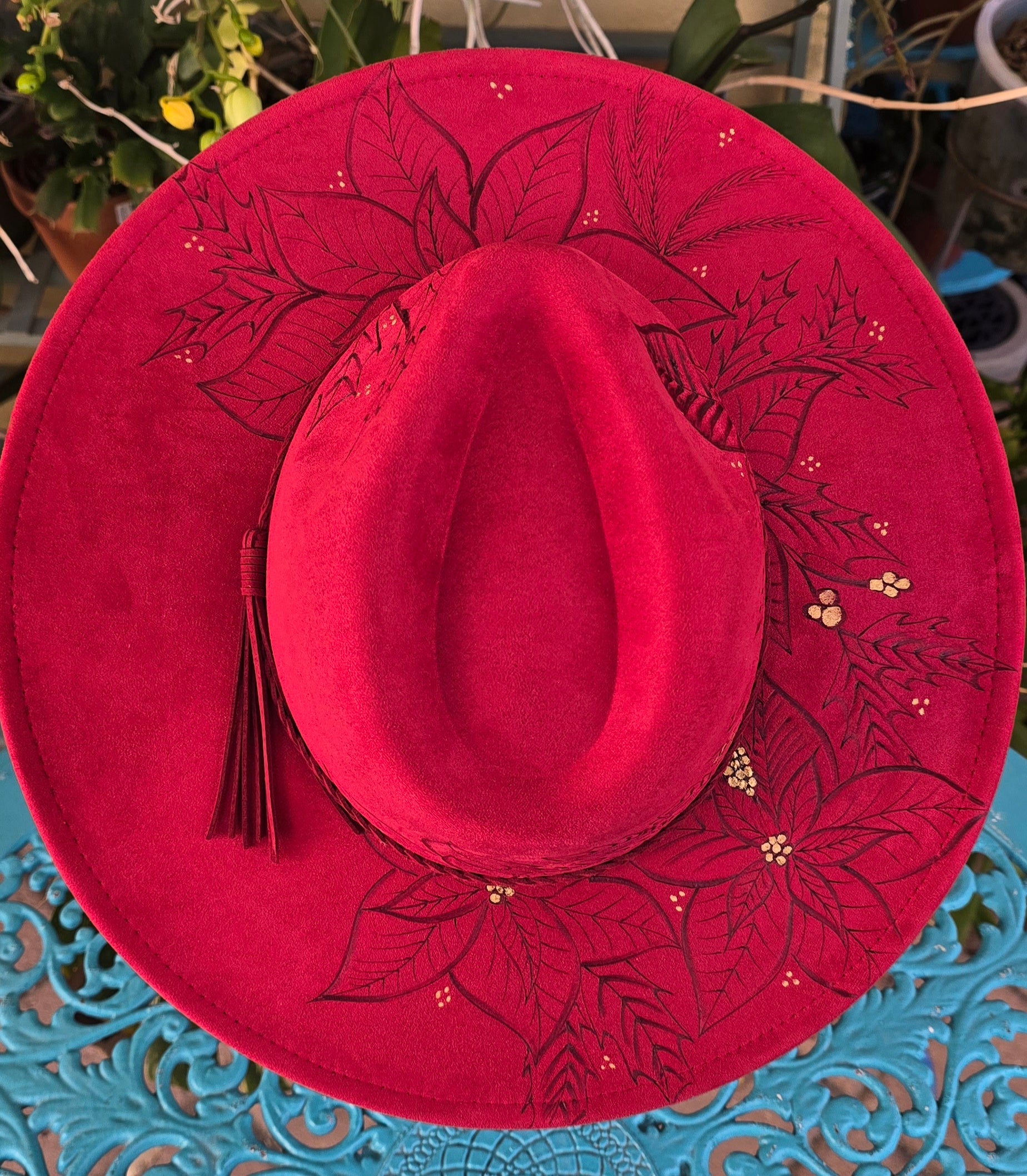 Hand burnt fedora hat - Christmas Poinsettia