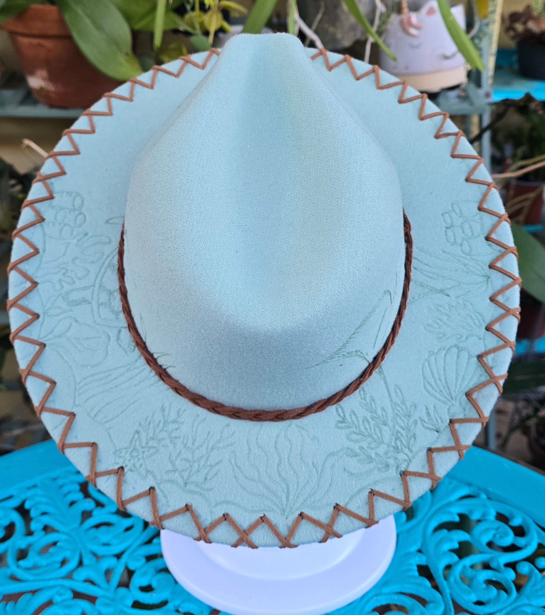 Hand burnt short brim fedora hat- ocean theme