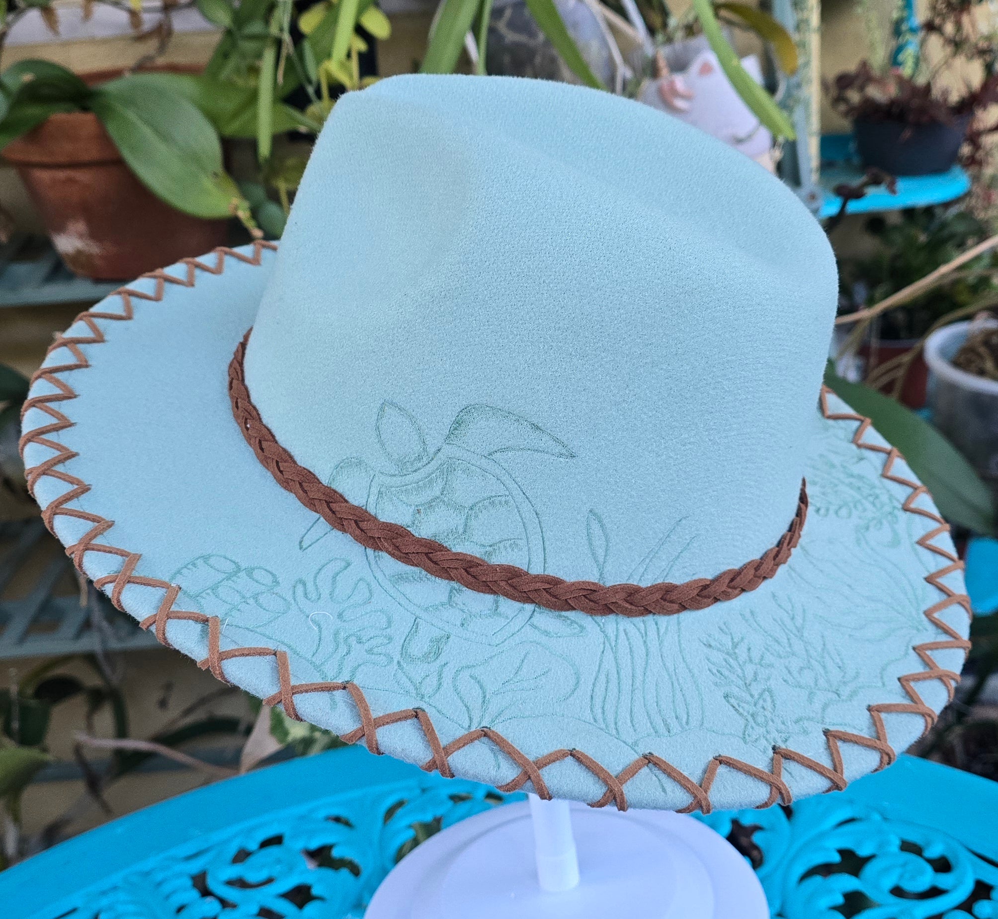 Hand burnt short brim fedora hat- ocean theme
