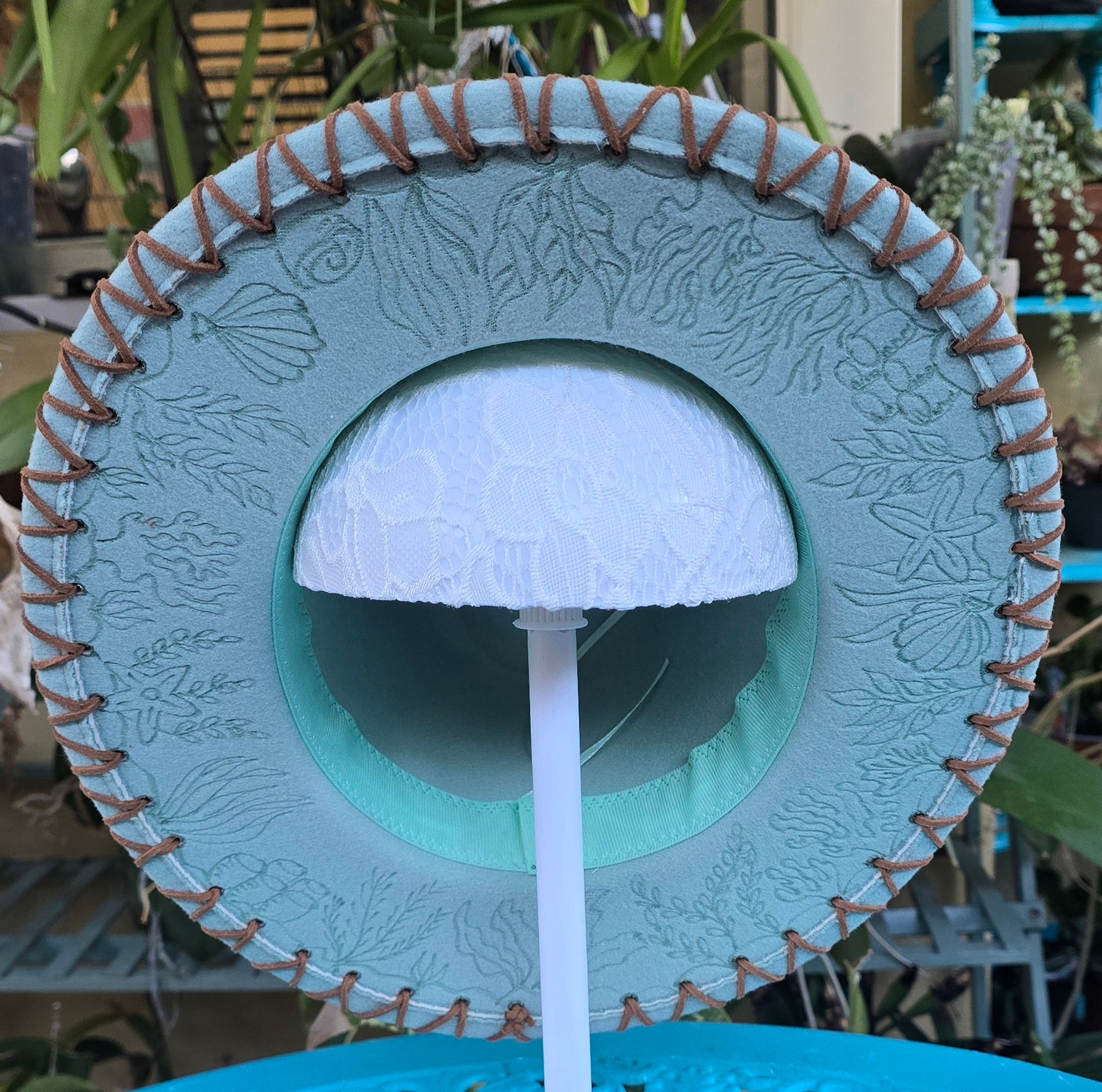 Hand burnt short brim fedora hat- ocean theme