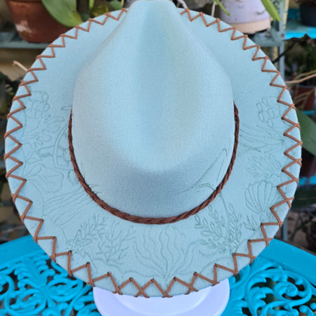 Hand burnt short brim fedora hat- ocean theme