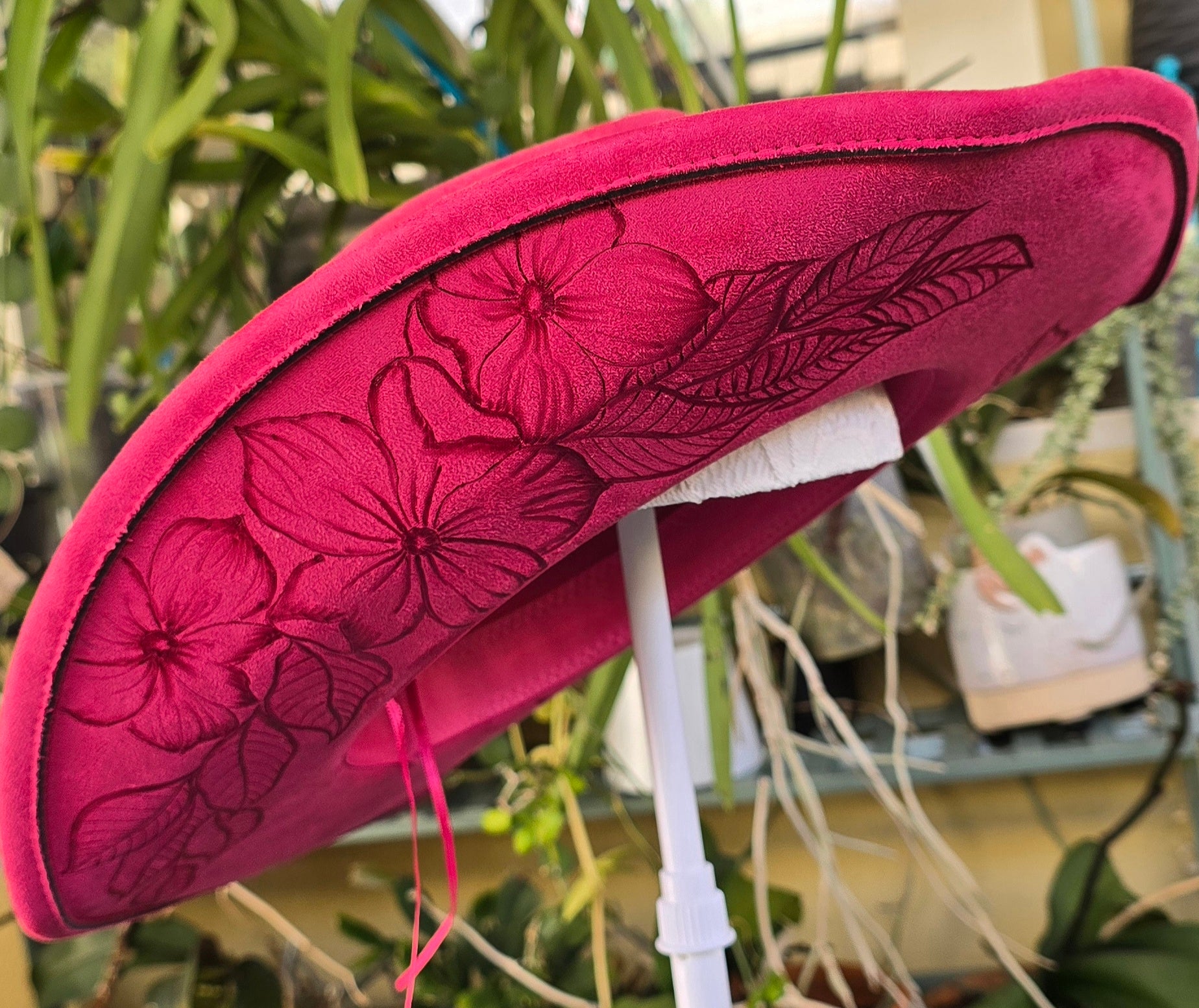 Hand burnt cowboy hat - rose red floral theme