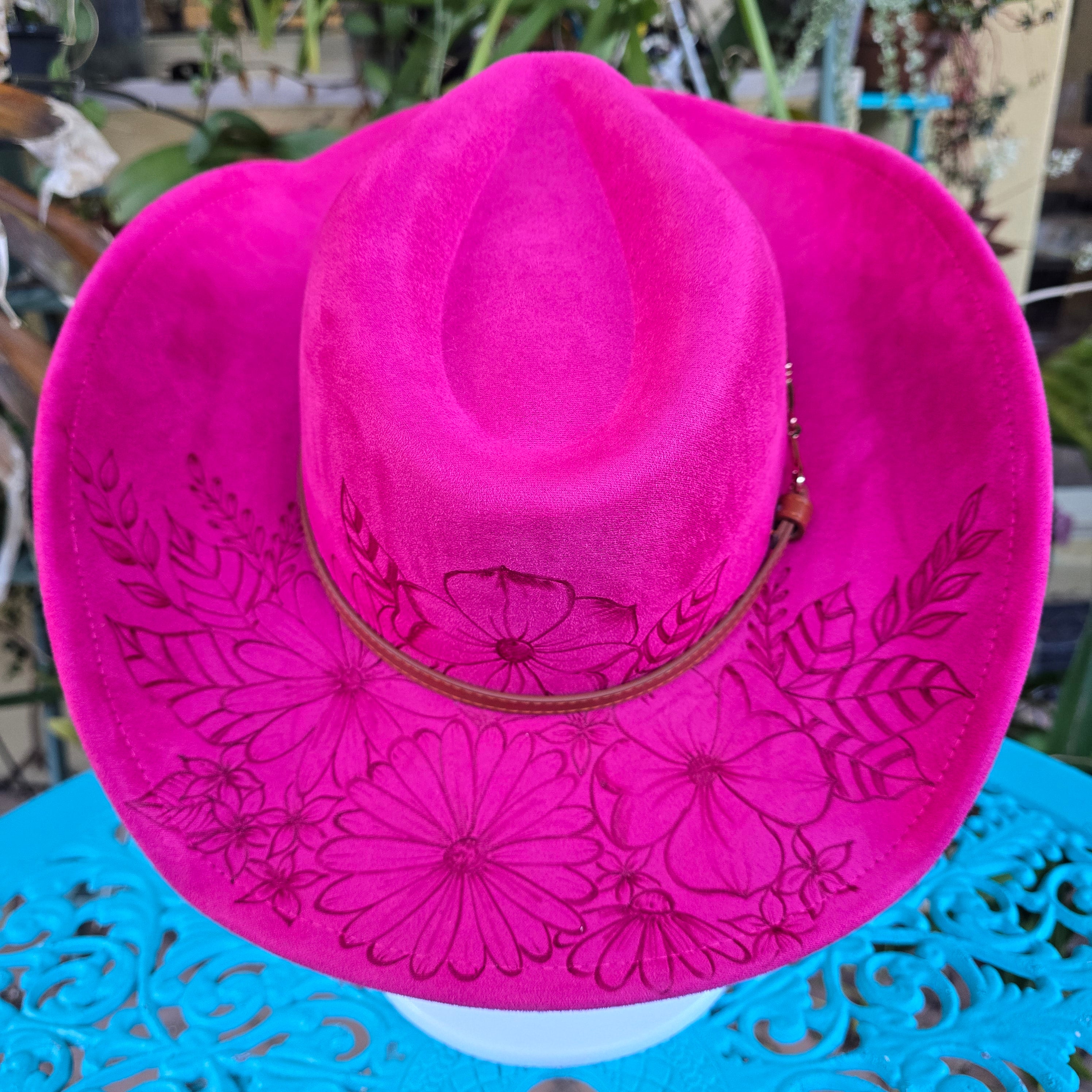 Hand burnt cowboy hat - rose red floral theme