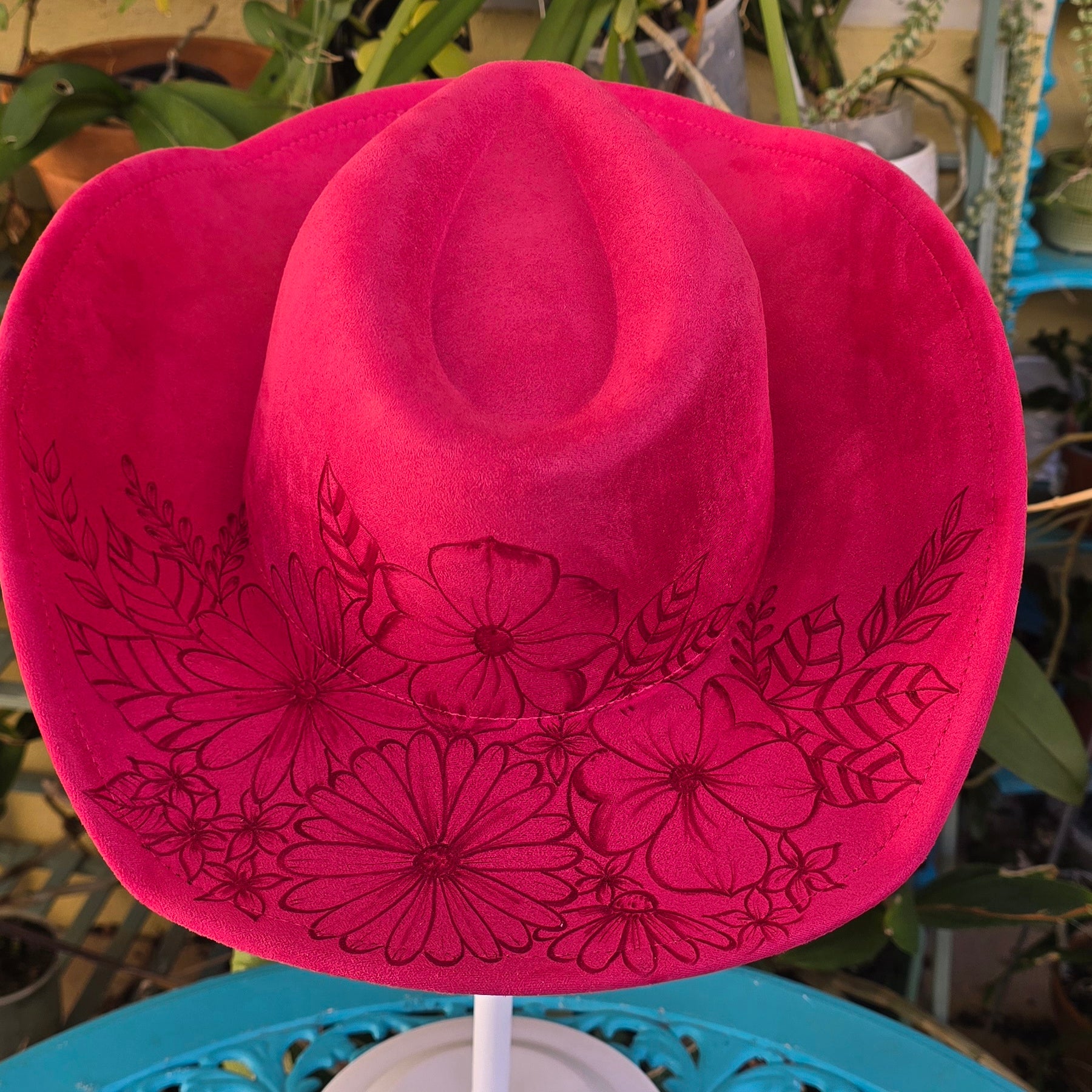 Hand burnt cowboy hat - rose red floral theme