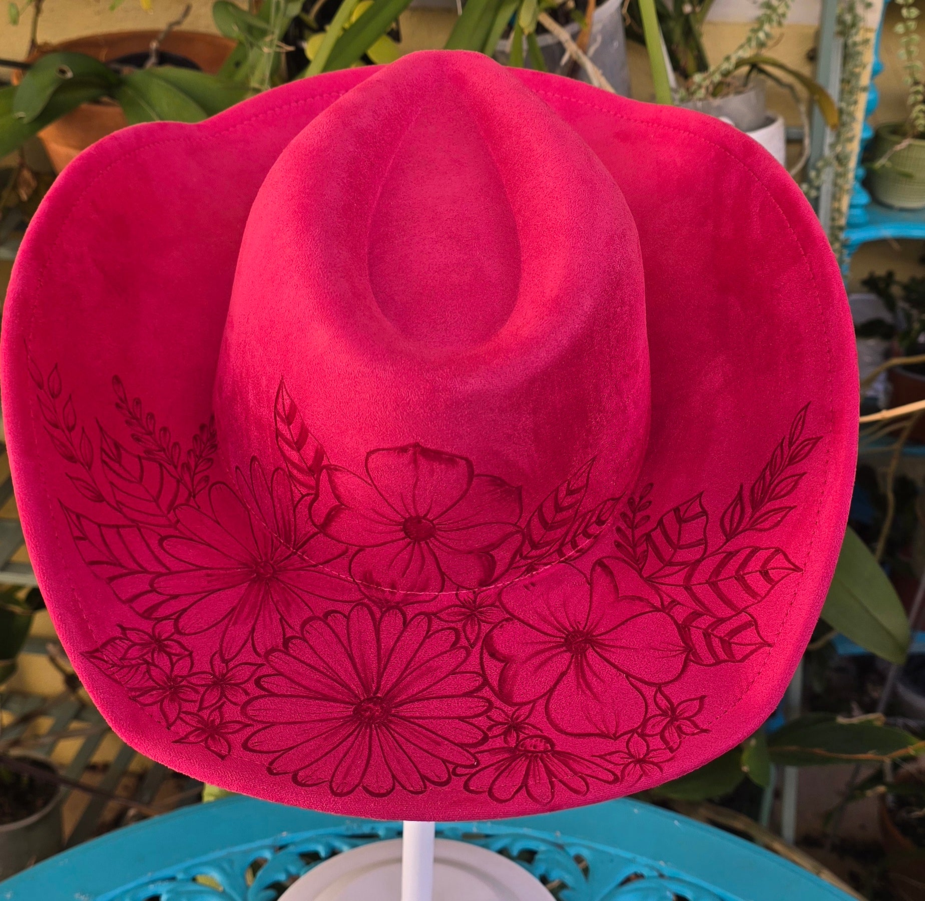 Hand burnt cowboy hat - rose red floral theme