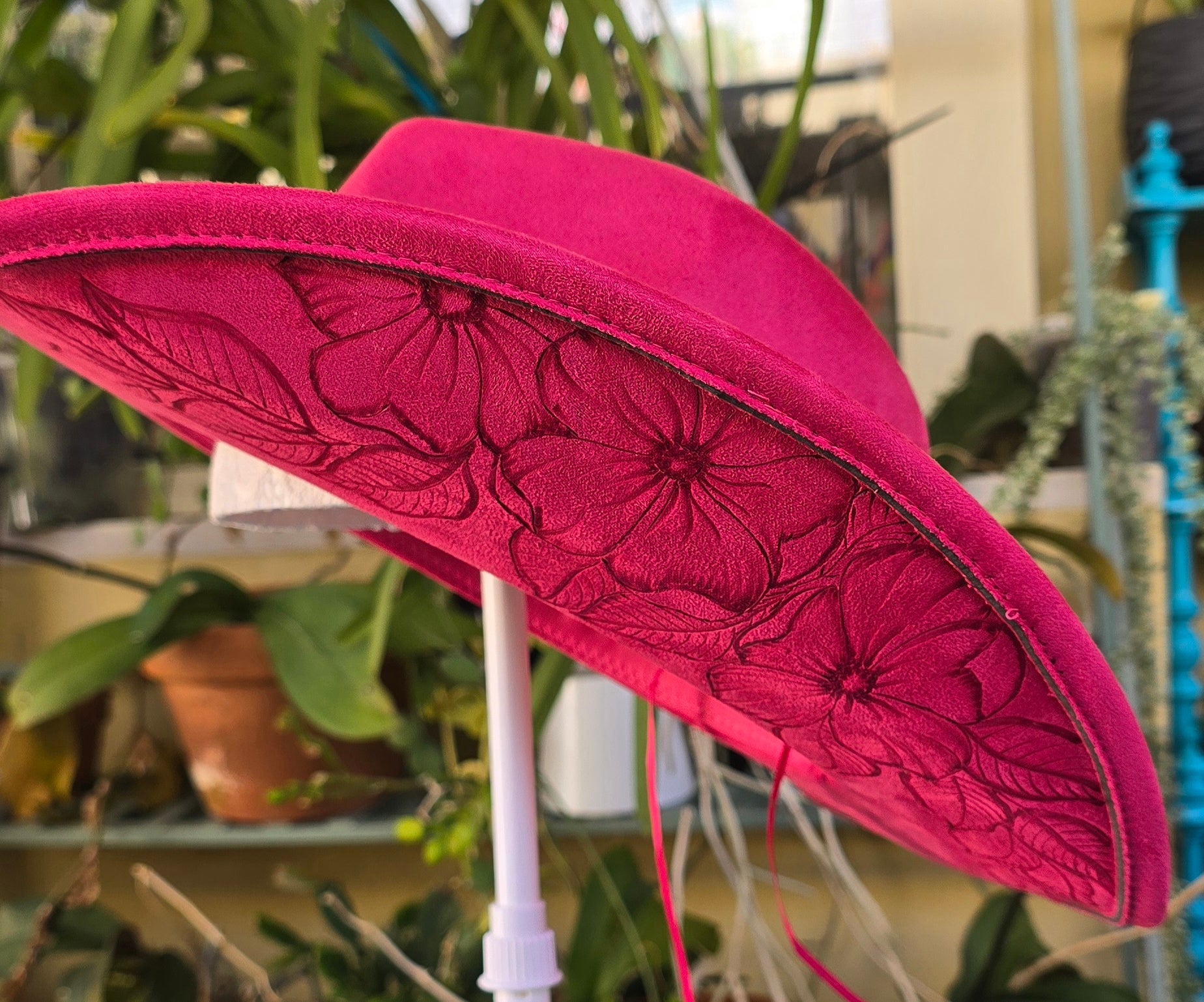 Hand burnt cowboy hat - rose red floral theme