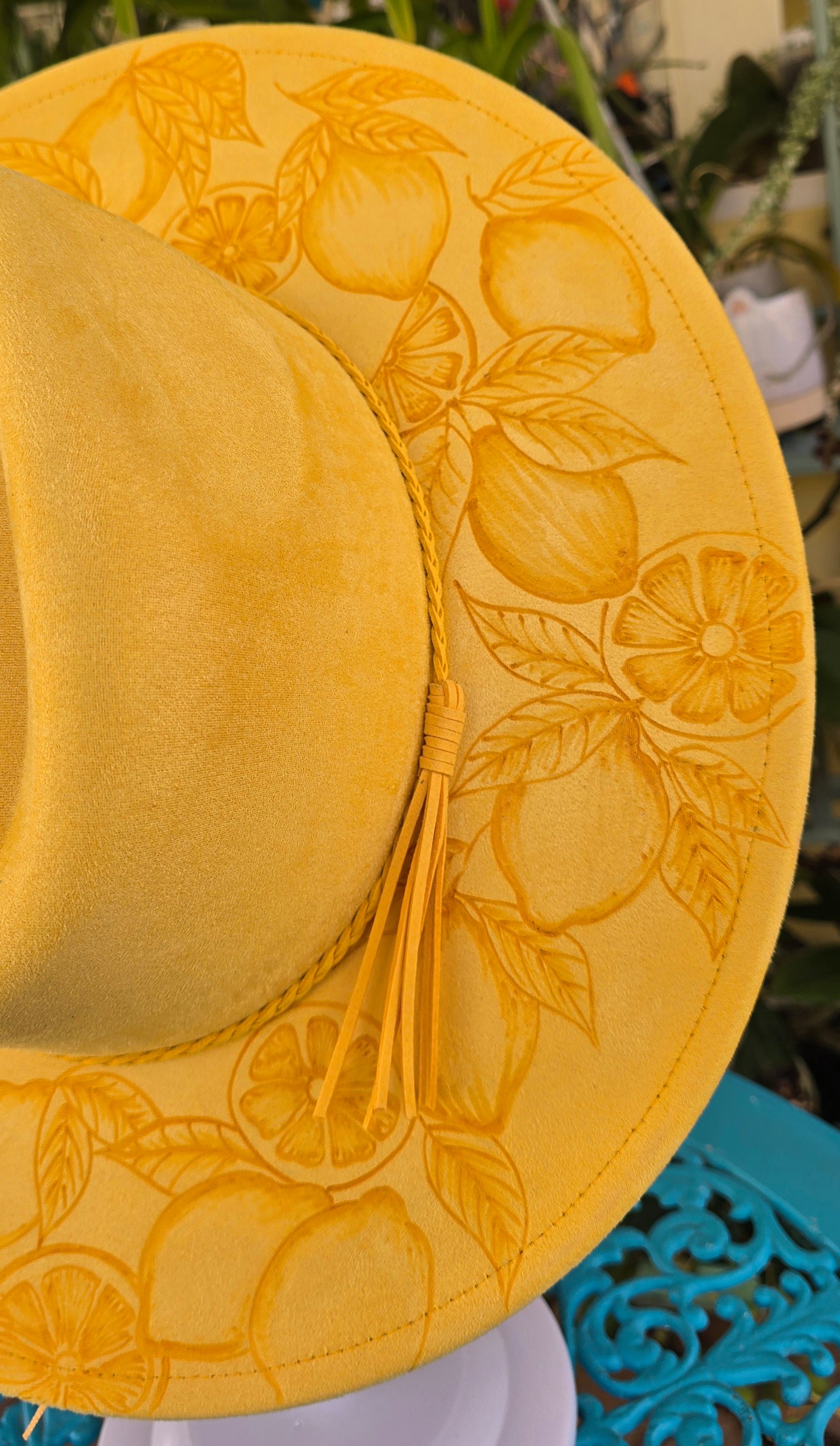Hand burnt fedora hat - Lemon