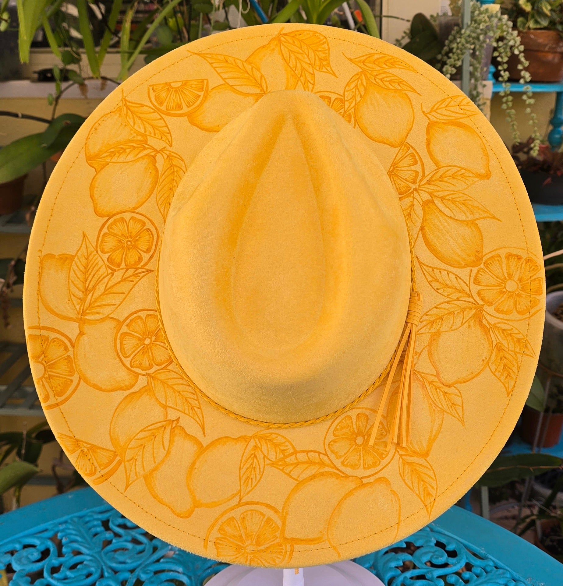 Hand burnt fedora hat - Lemon