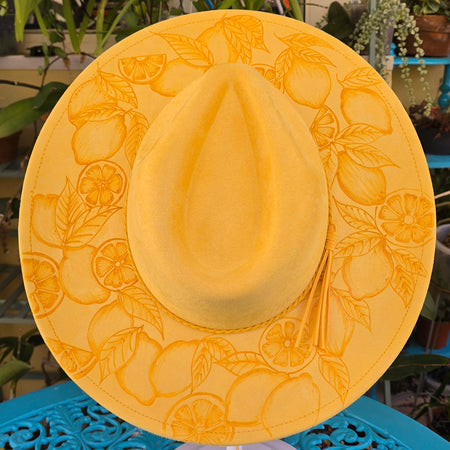 Hand burnt fedora hat - Lemon