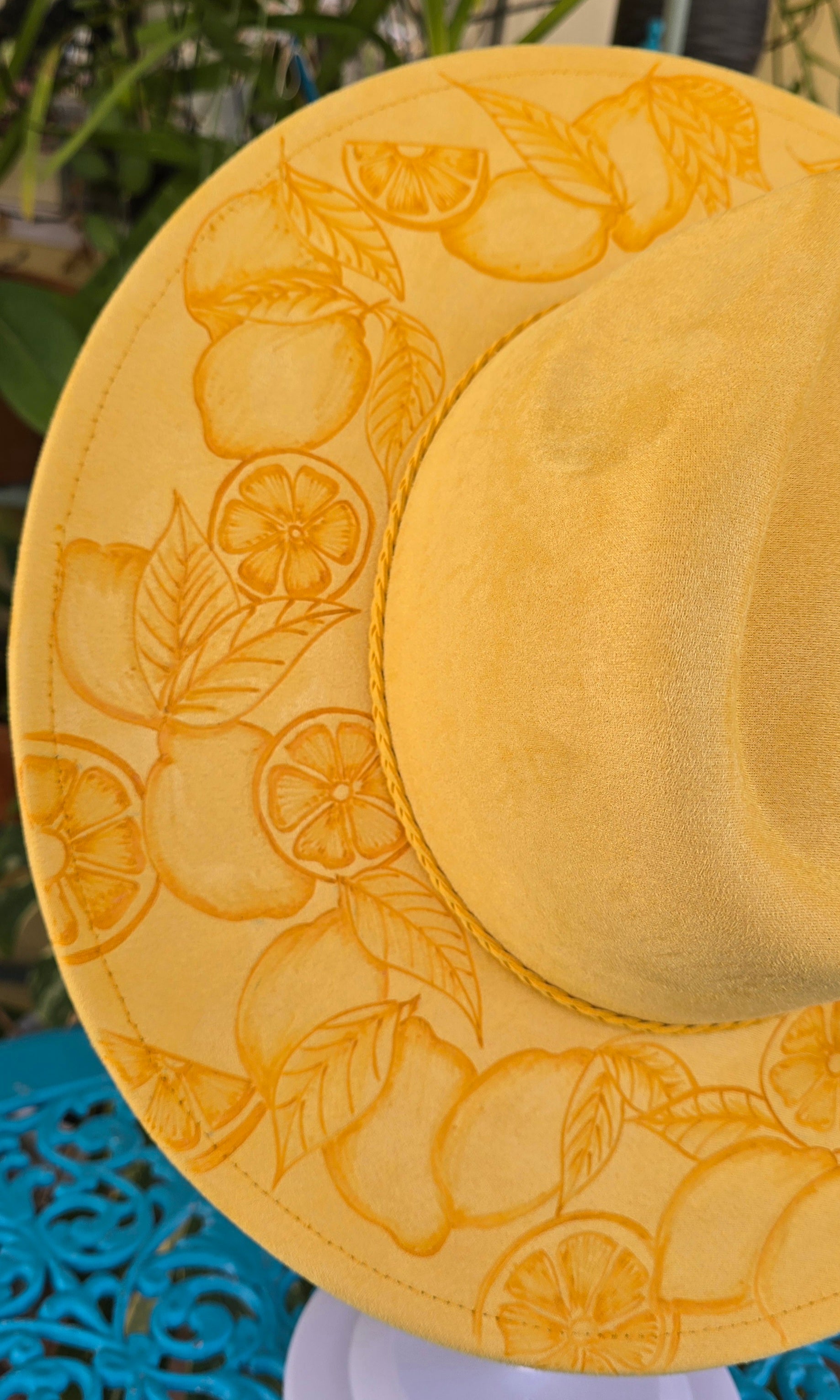 Hand burnt fedora hat - Lemon