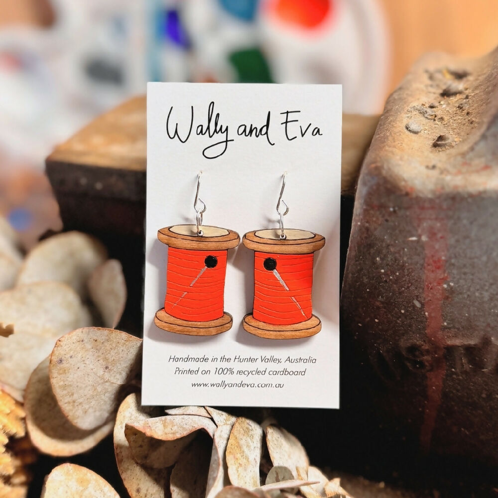 wally-and-eva-australian-hand-painted-wood-and-sterling-silver-orange-cotton-reel-earrings