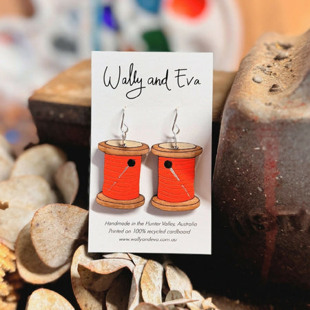 Orange Cotton Reel Hand Painted Wood Earrings