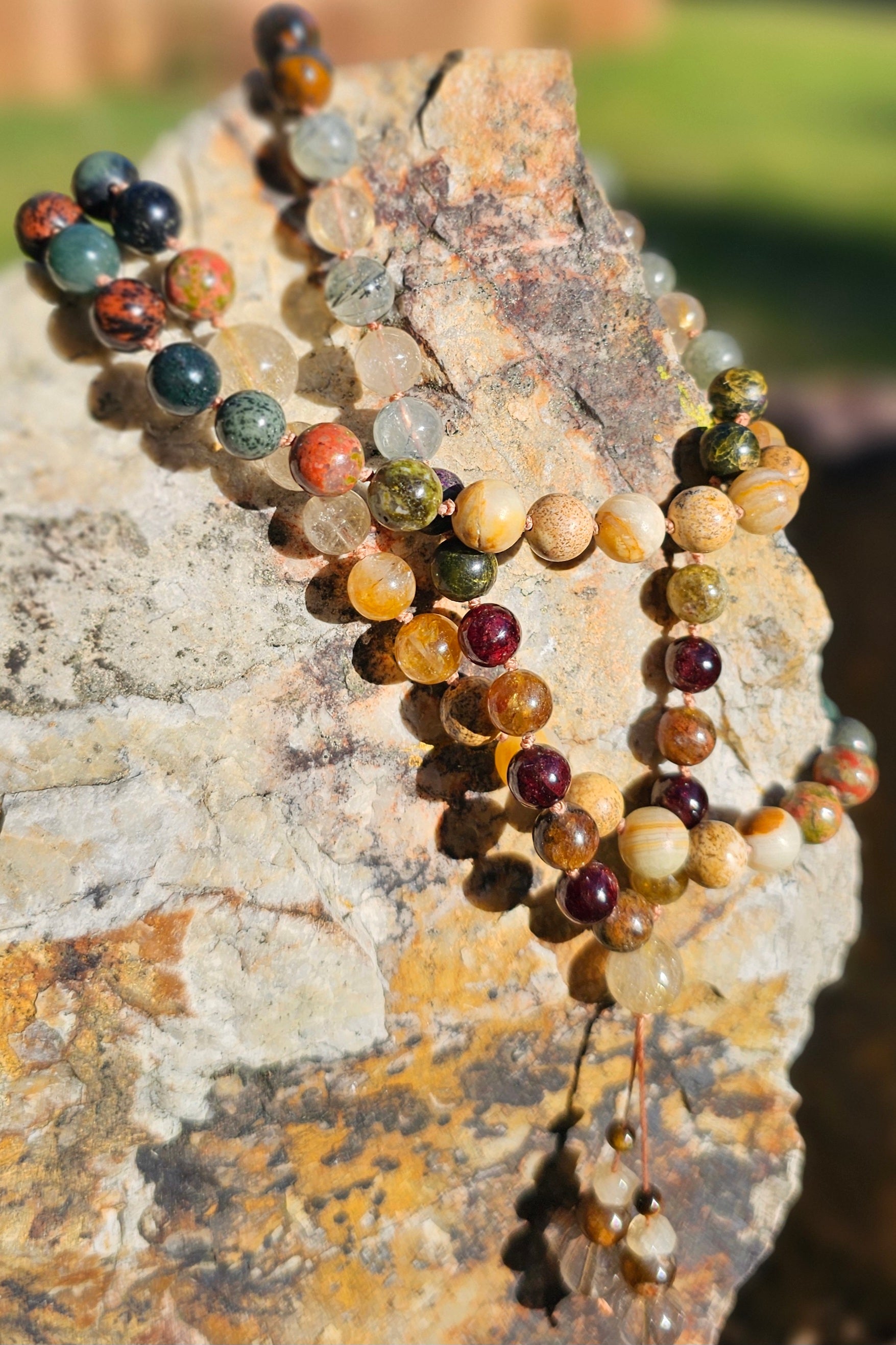 Gemstone Mala 108 Bead Necklace Hand Knotted