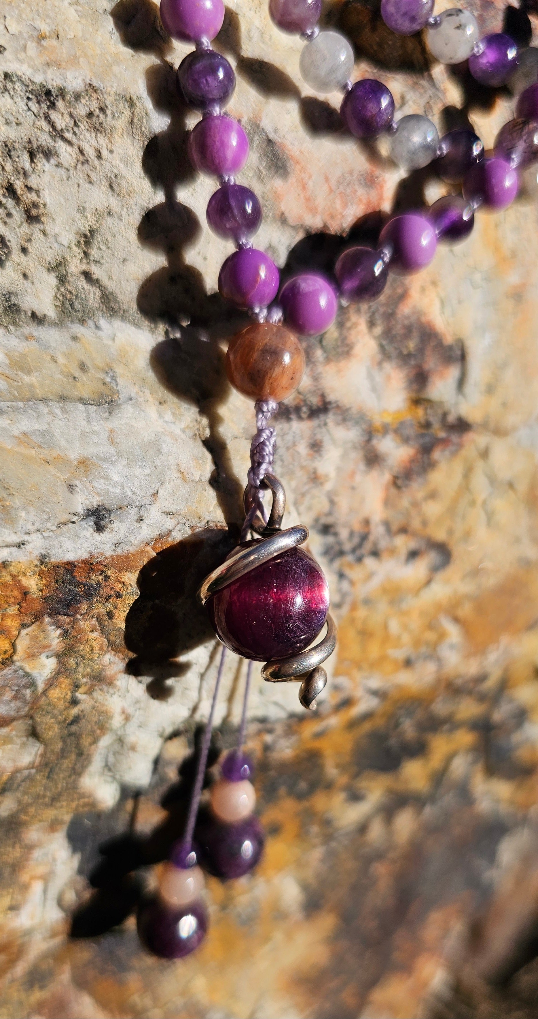 Lepidolite Sterling silver pendant on Gemstone Mala Bead Necklace
