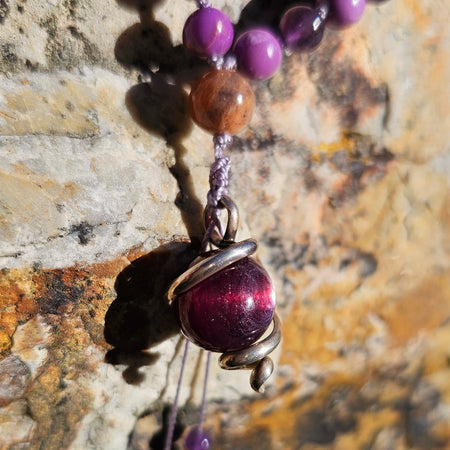 Lepidolite Sterling silver pendant on Gemstone Mala Bead Necklace