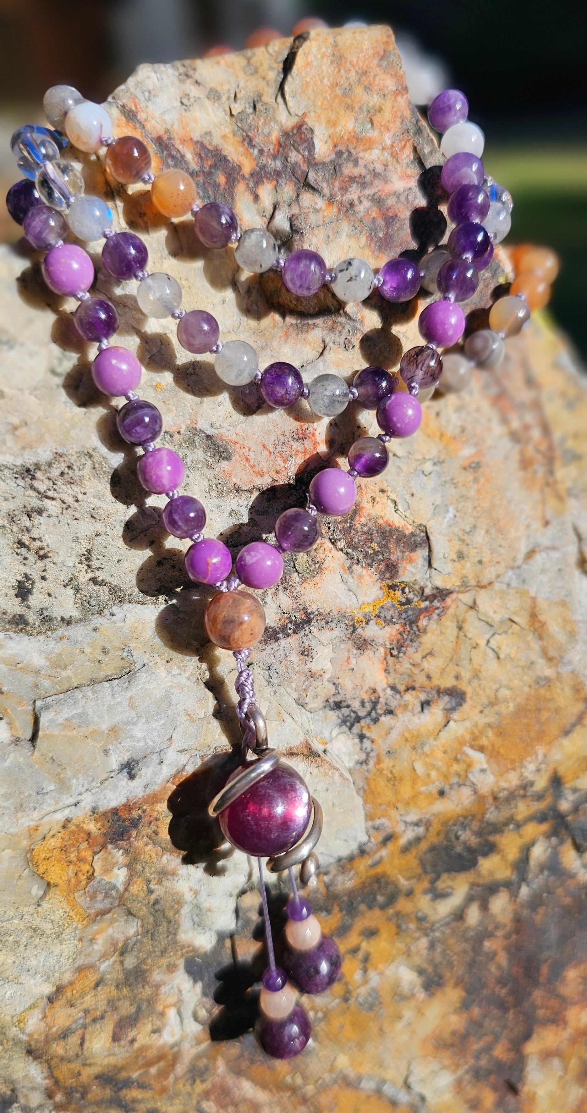 Lepidolite Sterling silver pendant on Gemstone Mala Bead Necklace